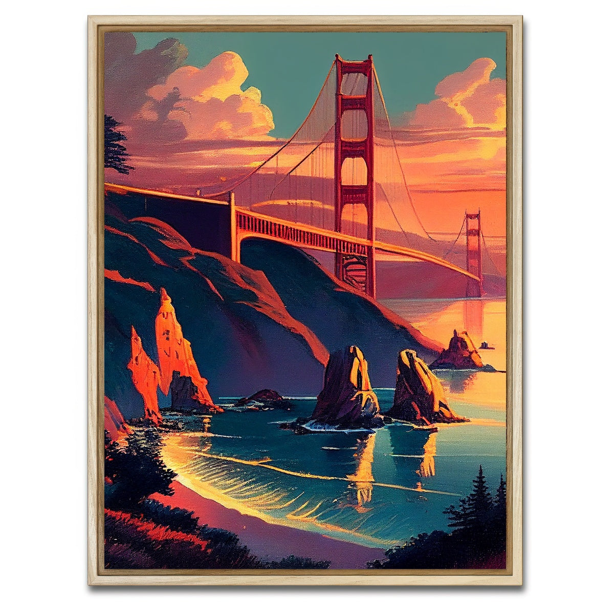 AUTO-MOCKUP WHITE | Golden Gate Bridge at Sunset | 1 Piece | Natural Framed Canvas | group=3x4