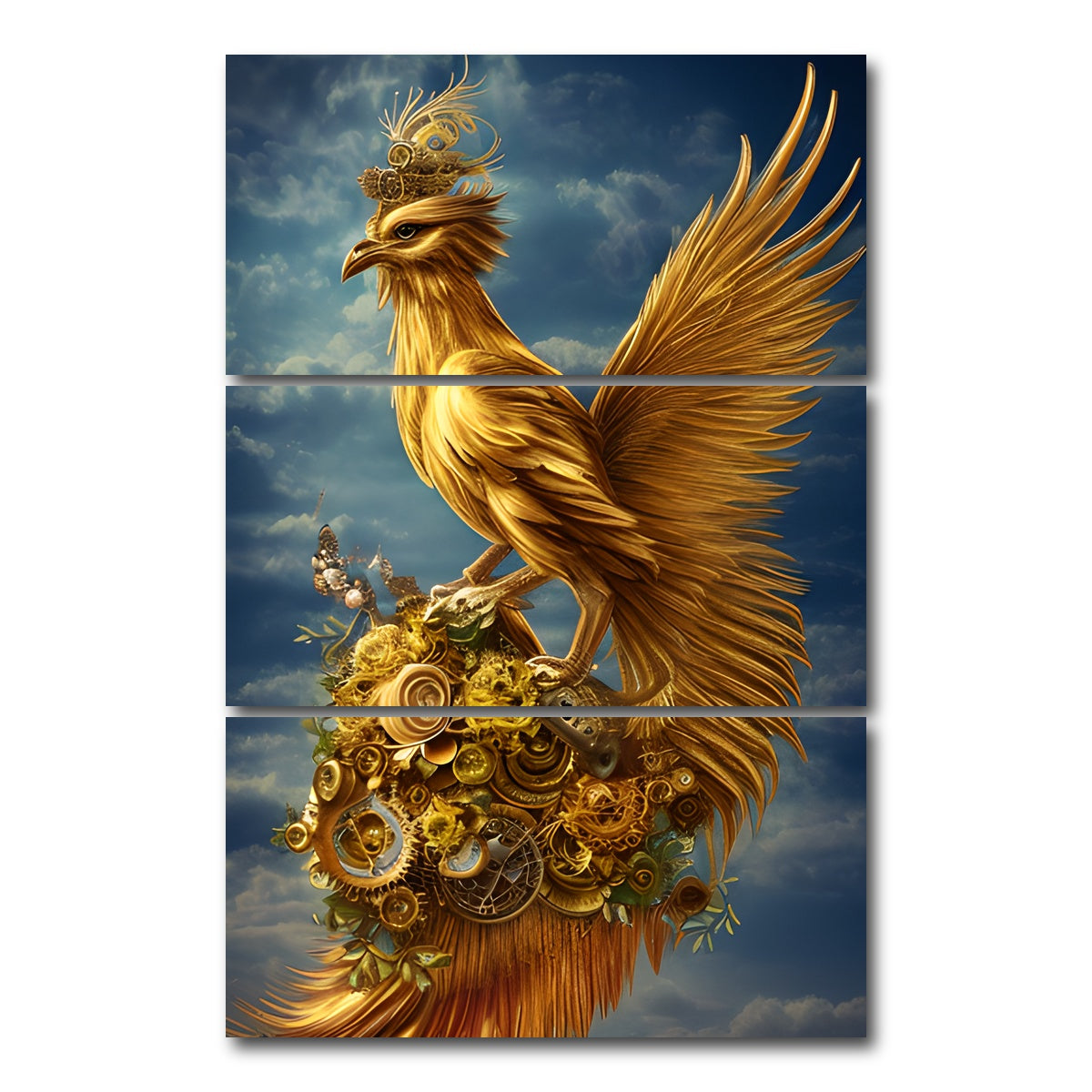 AUTO-MOCKUP WHITE | Golden Phoenix Bird | 3 Piece | Gallery Wrap Canvas | group=12x24_stacked