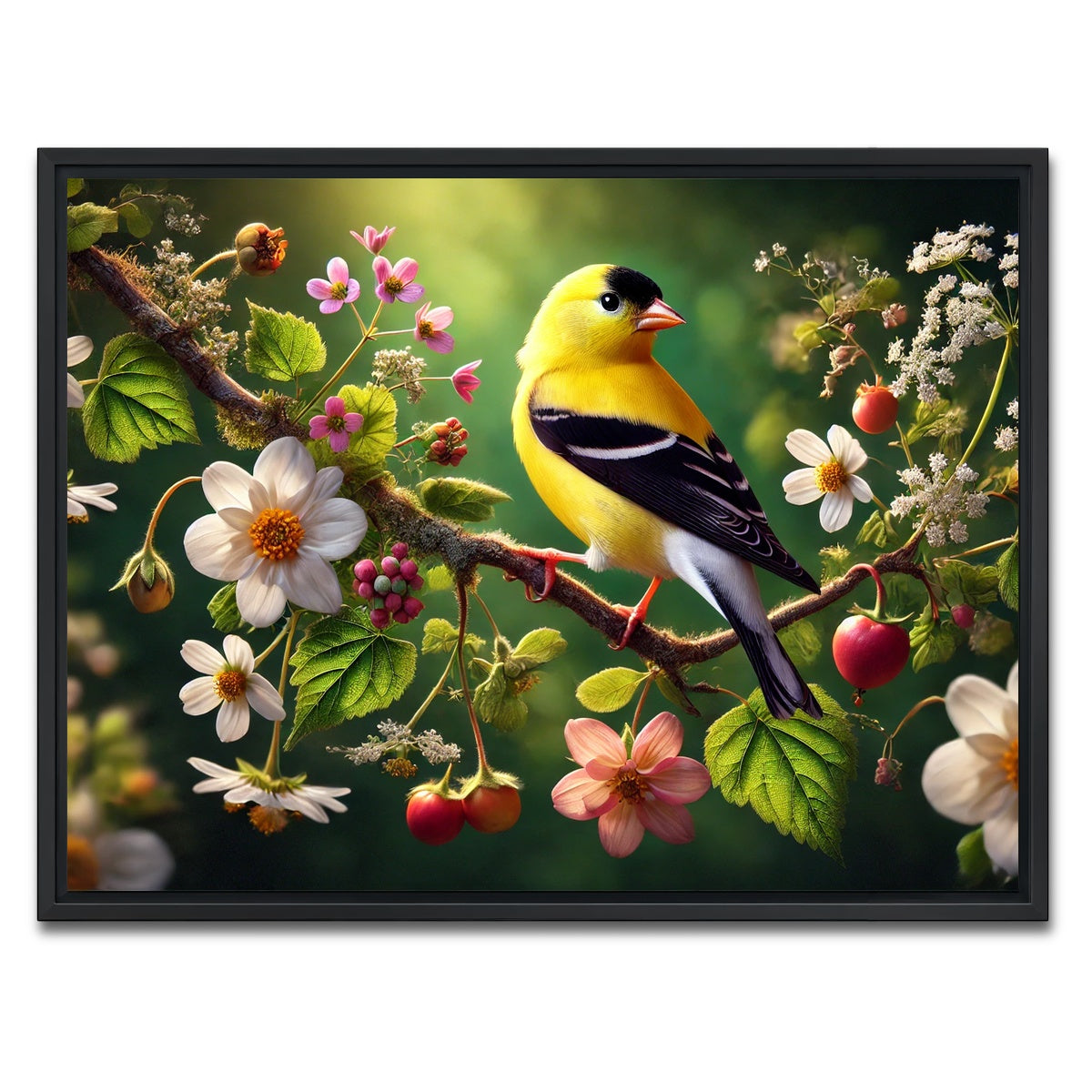AUTO-MOCKUP WHITE | Goldfinch on Flower Branch | 1 Piece | Black Framed Canvas | group=4x3
