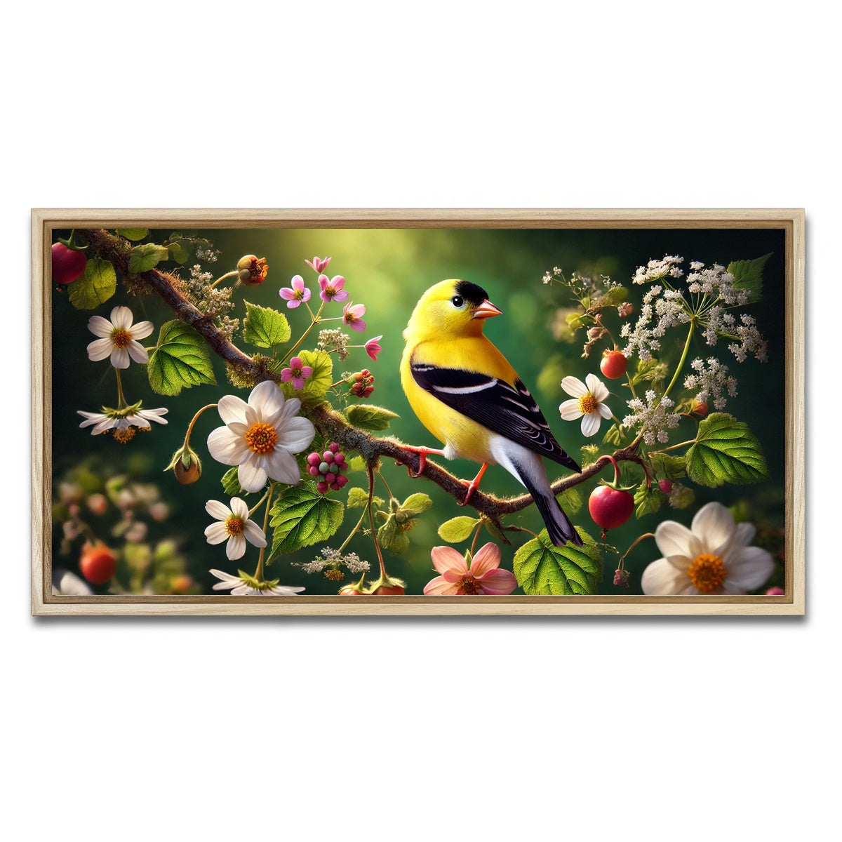 AUTO-MOCKUP WHITE | Goldfinch on Flower Branch | 1 Piece | Natural Framed Canvas | group=2x1