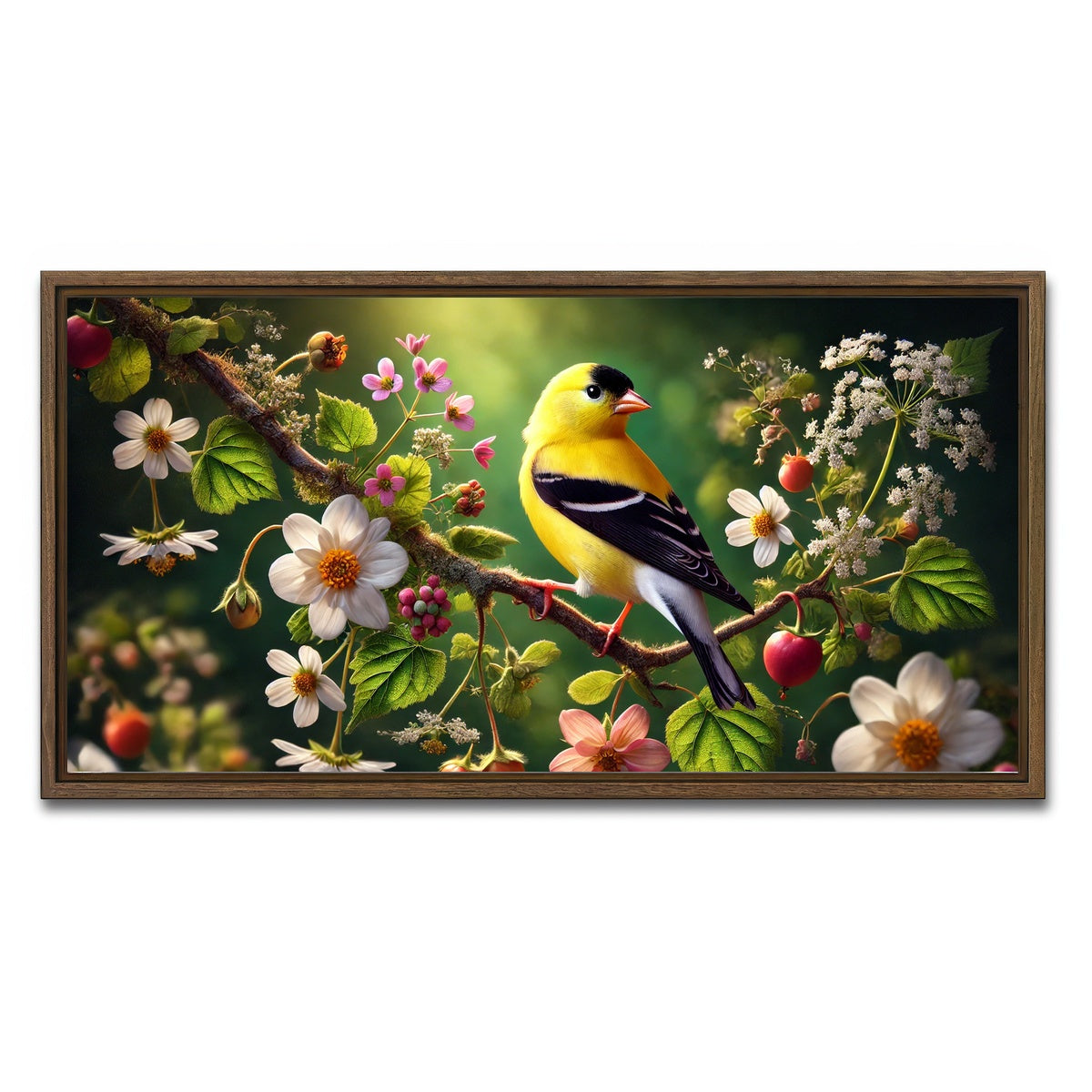 AUTO-MOCKUP WHITE | Goldfinch on Flower Branch | 1 Piece | Walnut Framed Canvas | group=2x1