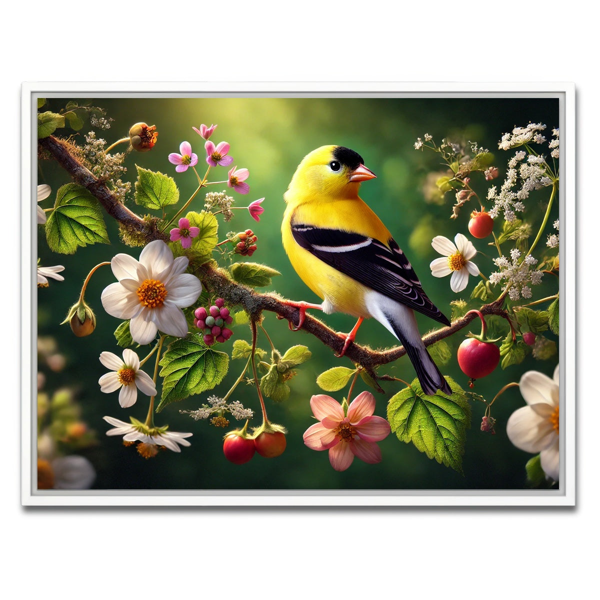 AUTO-MOCKUP WHITE | Goldfinch on Flower Branch | 1 Piece | White Framed Canvas | group=4x3