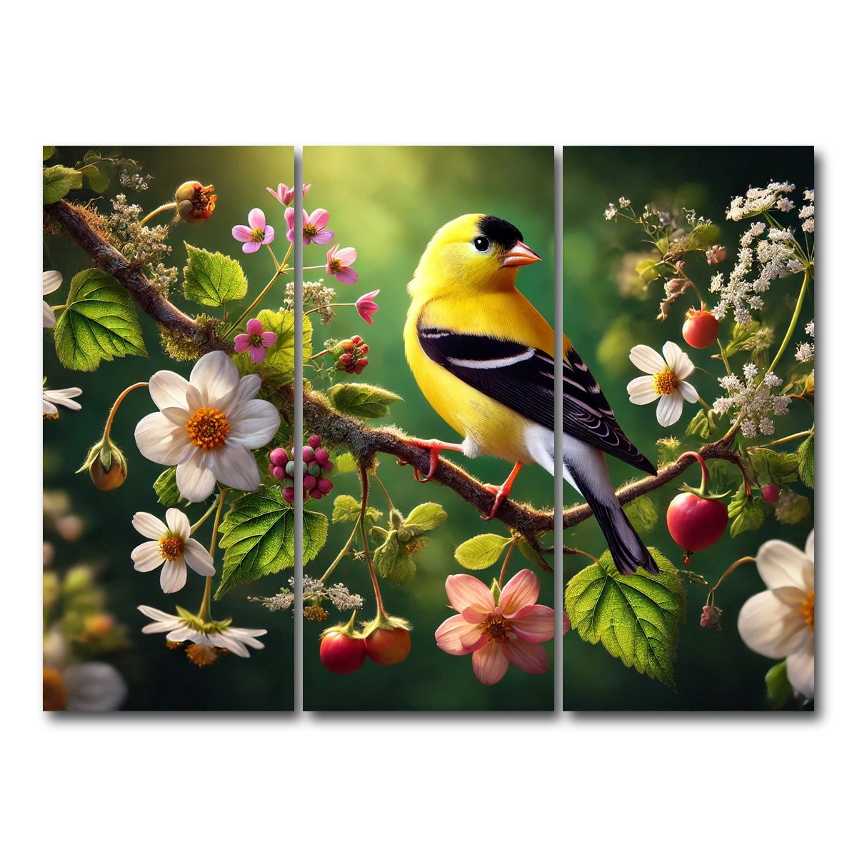 AUTO-MOCKUP WHITE | Goldfinch on Flower Branch | 3 Piece | Gallery Wrap Canvas | group=8x18
