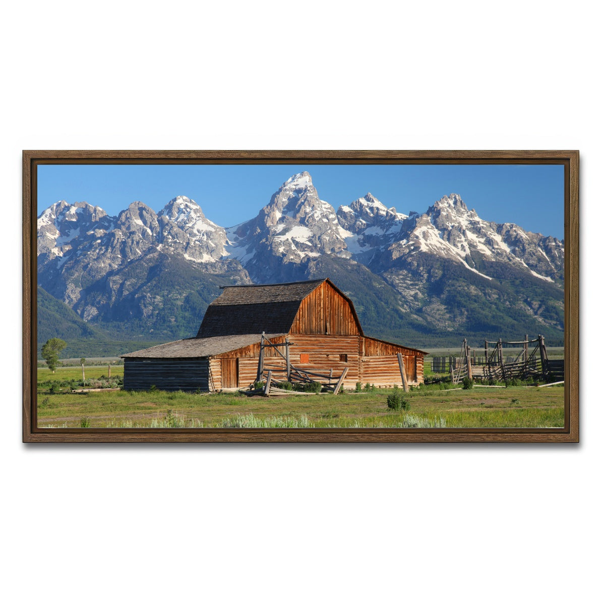 AUTO-MOCKUP WHITE | Grand Tetons and old barn | 1 Piece | Walnut Framed Canvas | group=2x1