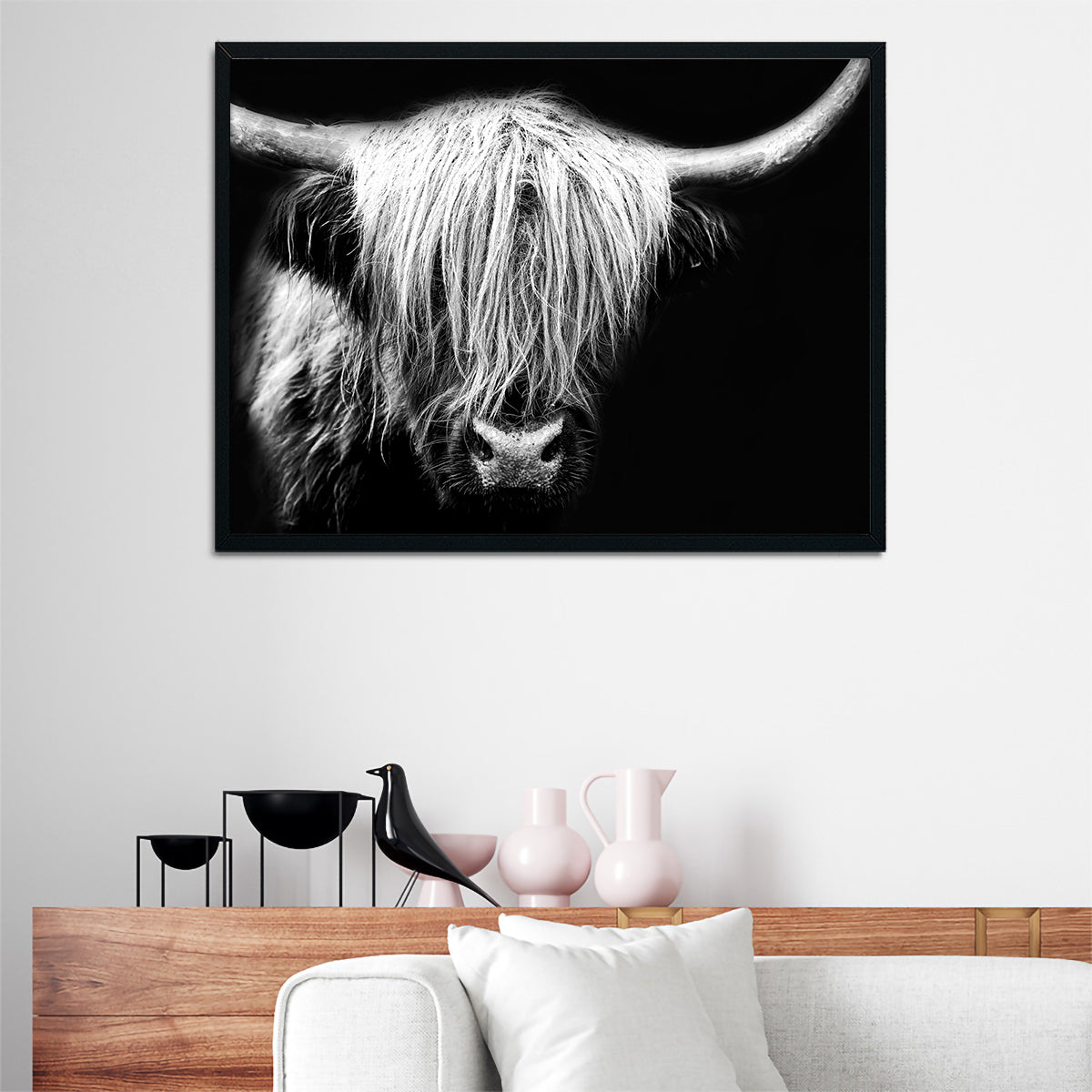 Grayscale Highland Cow Wall Art