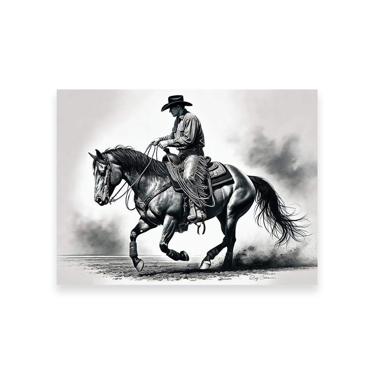 Grayscale Horse and Cowboy Wall Art