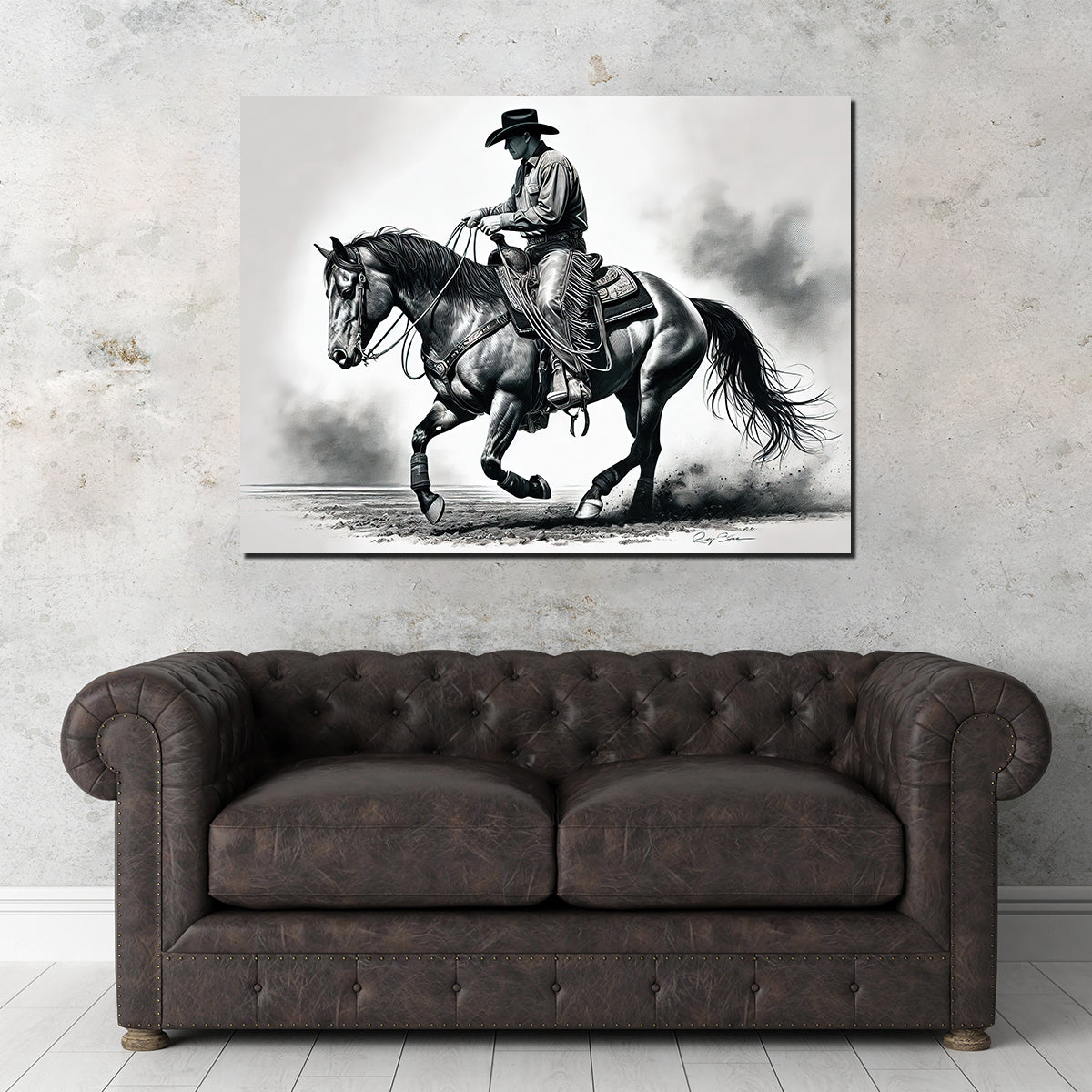 Grayscale Horse and Cowboy Wall Art