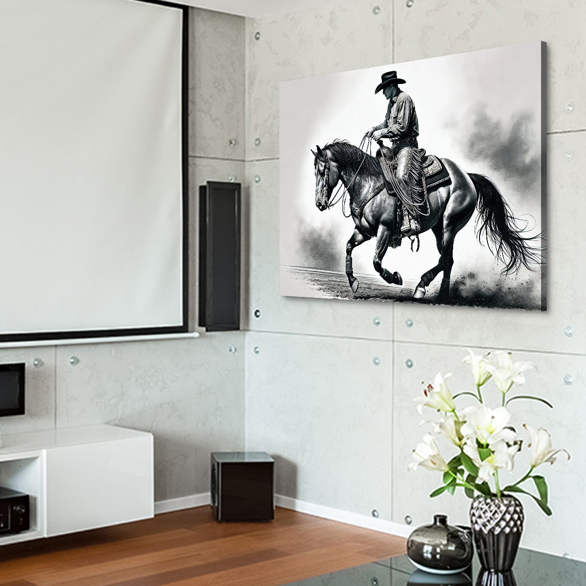 Grayscale Horse and Cowboy Wall Art