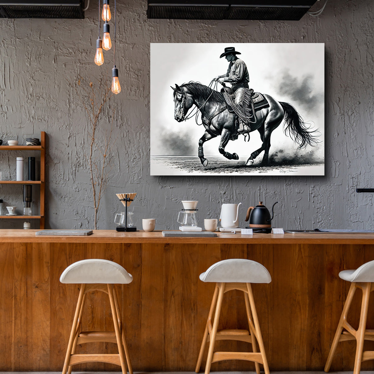 Grayscale Horse and Cowboy Wall Art