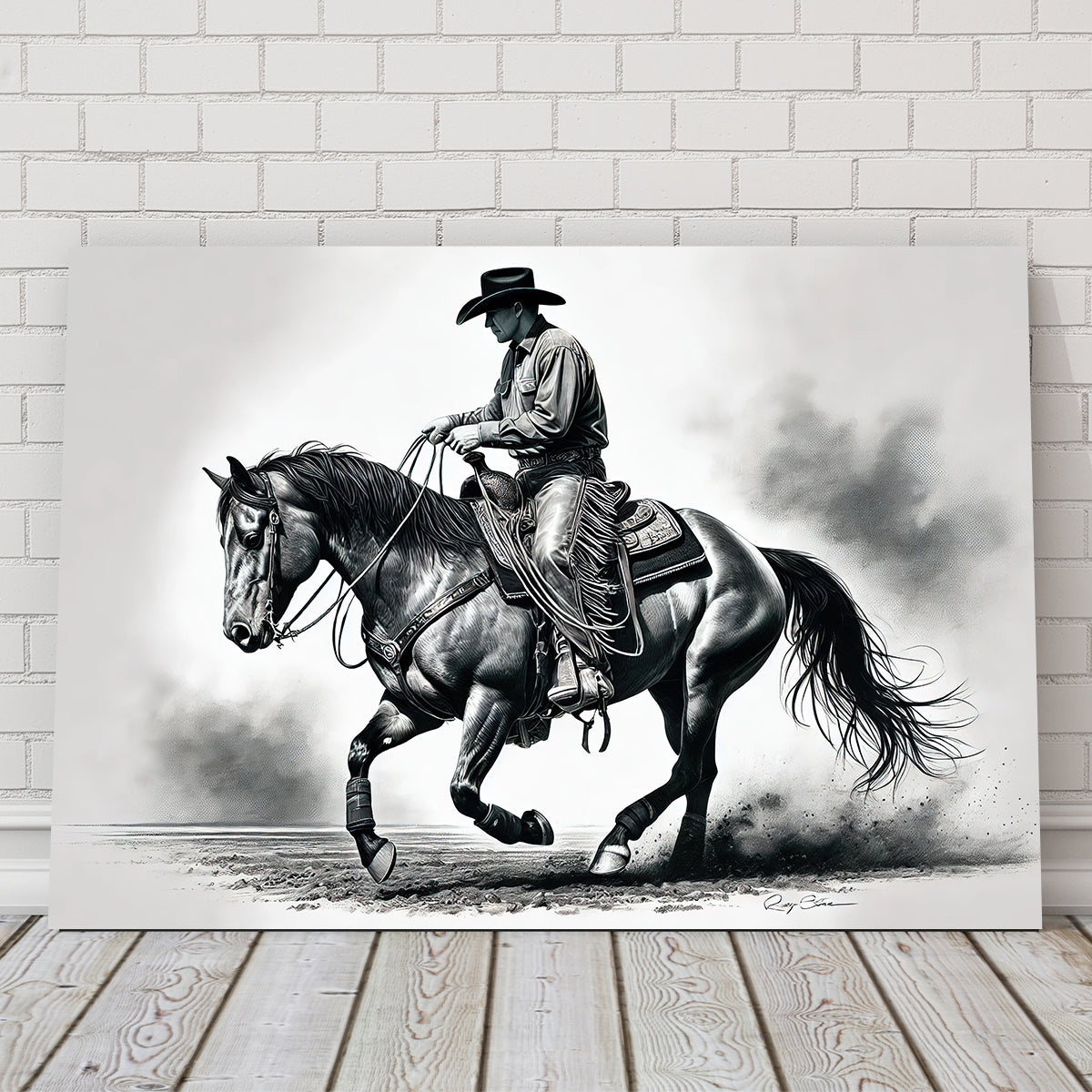 Grayscale Horse and Cowboy Wall Art