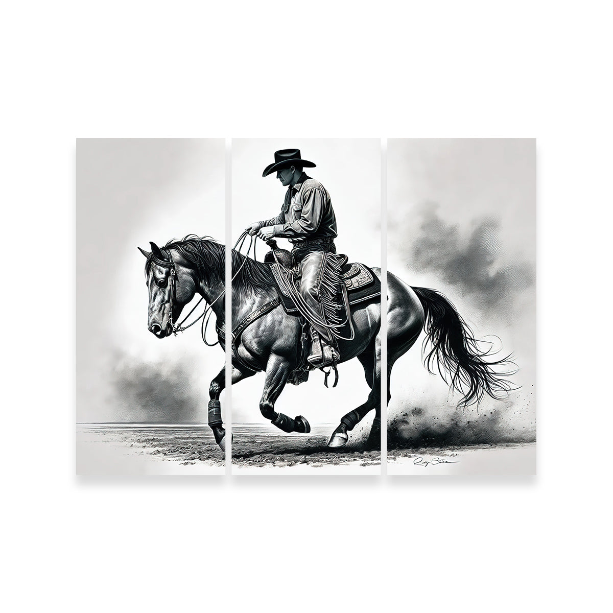 Grayscale Horse and Cowboy Wall Art