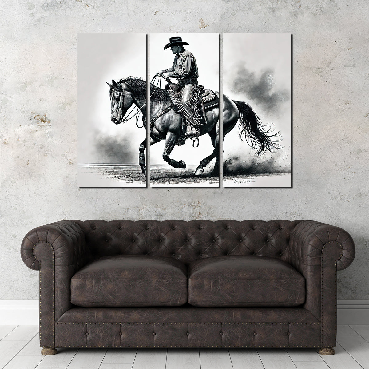 Grayscale Horse and Cowboy Wall Art