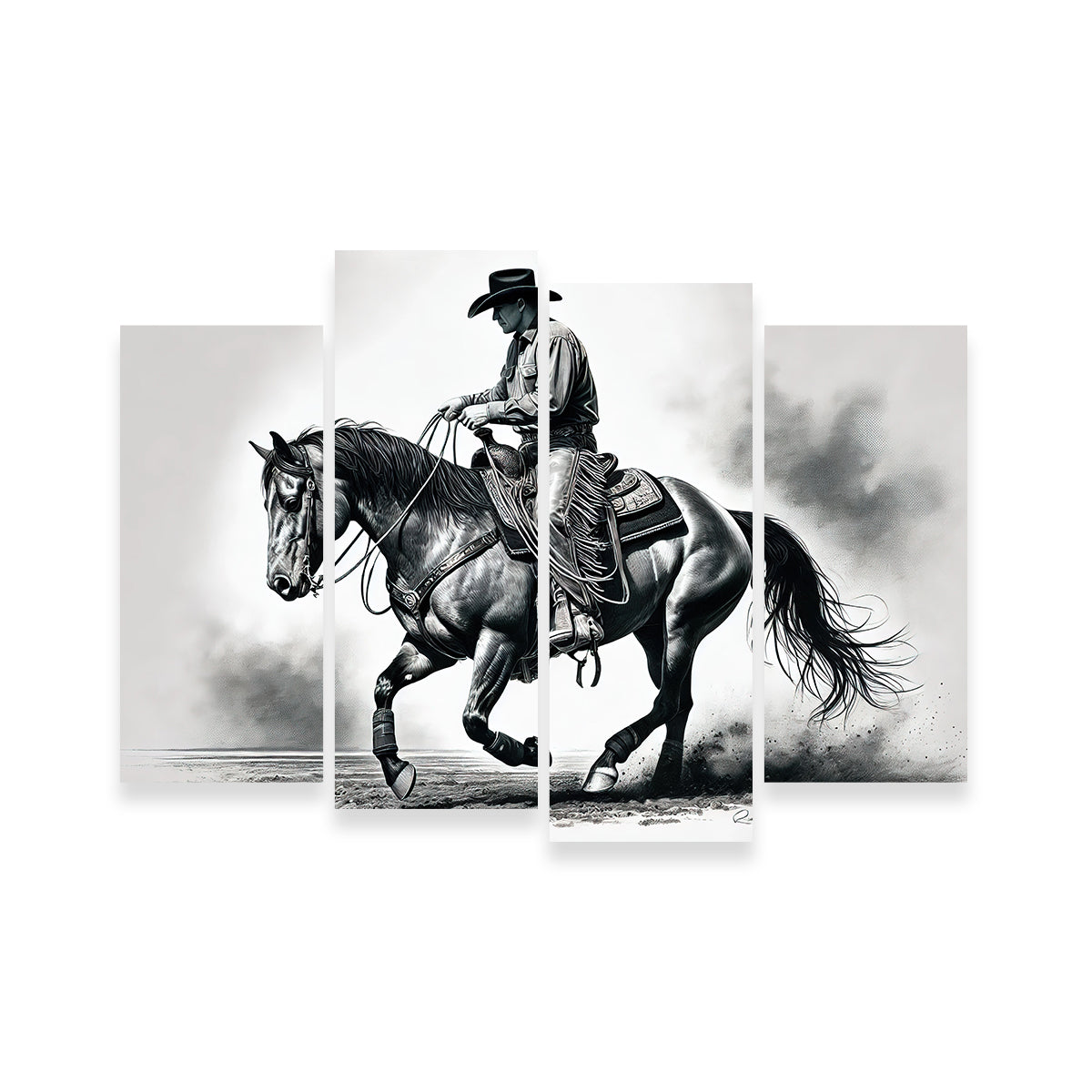 Grayscale Horse and Cowboy Wall Art