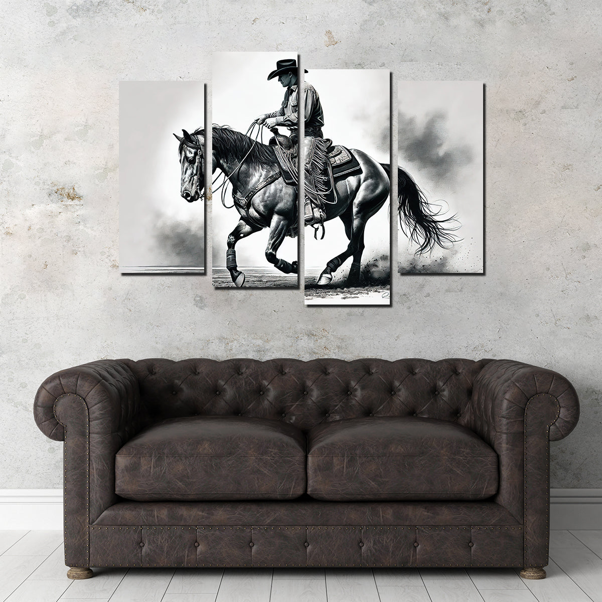 Grayscale Horse and Cowboy Wall Art