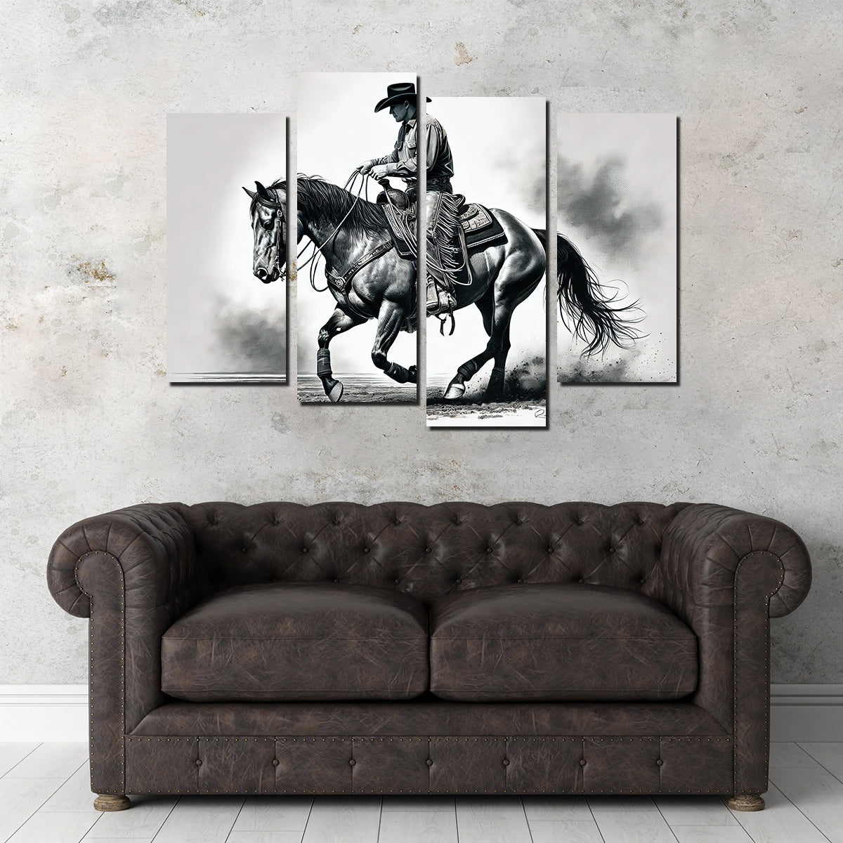 Grayscale Horse and Cowboy Wall Art