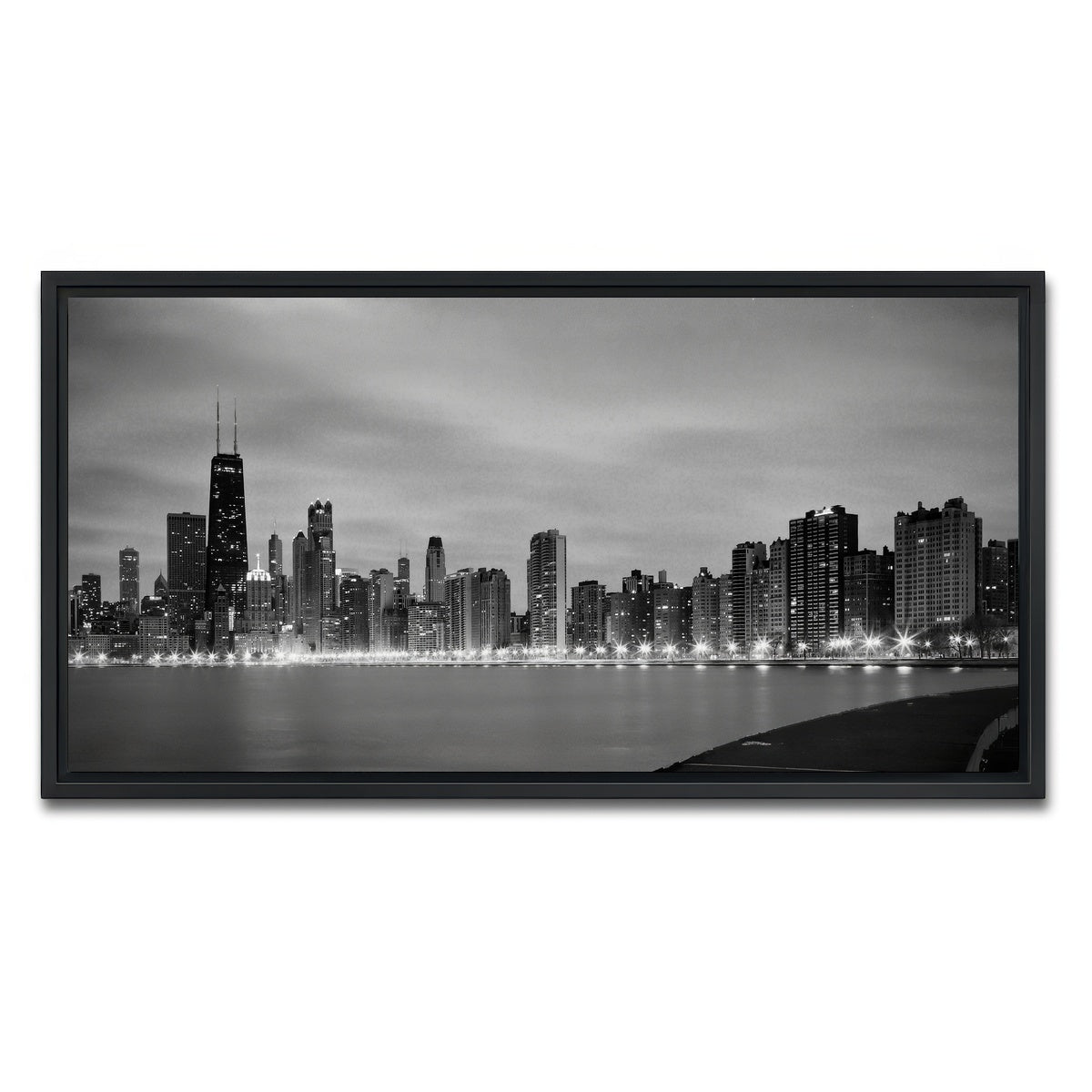 AUTO-MOCKUP WHITE | Grayscale Chicago Skyline | 1 Piece | Black Framed Canvas | group=2x1