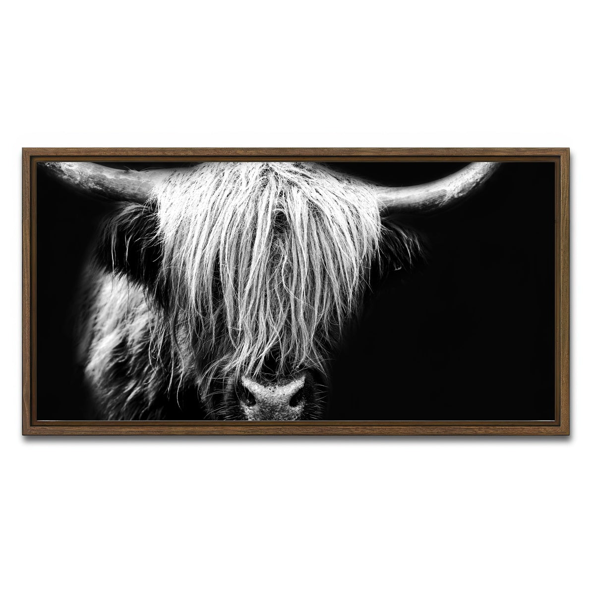 AUTO-MOCKUP WHITE | Grayscale Highland Cow | 1 Piece | Walnut Framed Canvas | group=2x1