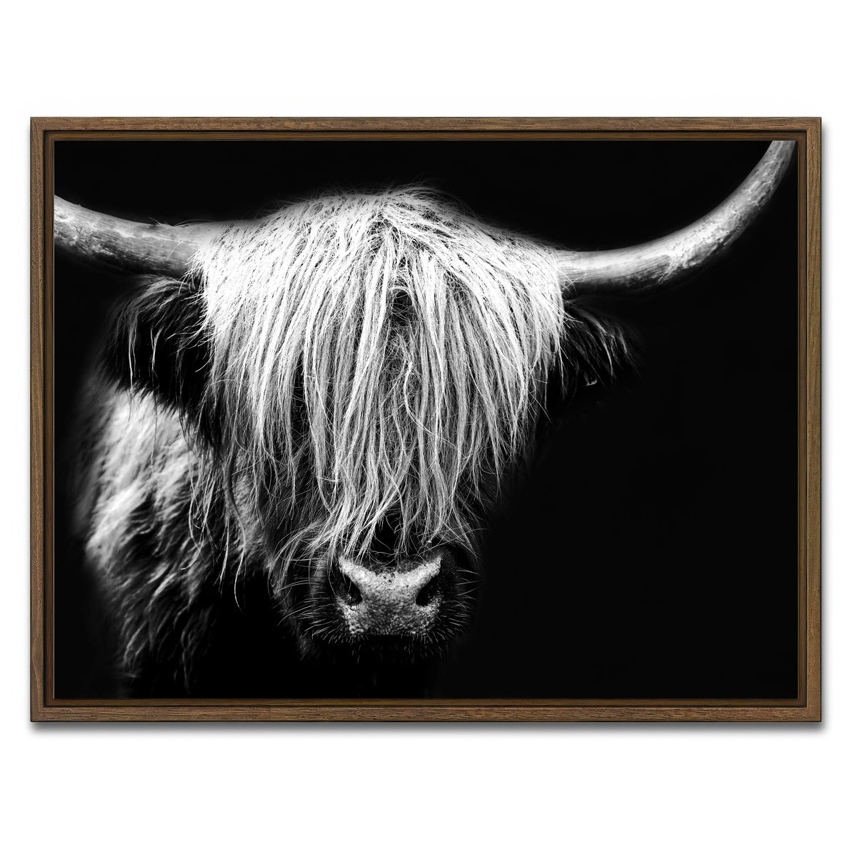 AUTO-MOCKUP WHITE | Grayscale Highland Cow | 1 Piece | Walnut Framed Canvas | group=4x3