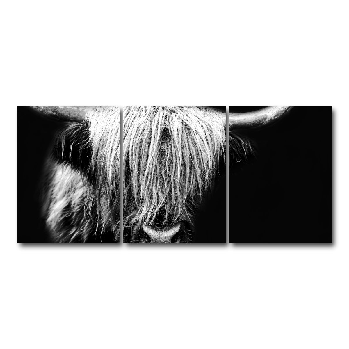 AUTO-MOCKUP WHITE | Grayscale Highland Cow | 3 Piece | Gallery Wrap Canvas | group=18x24