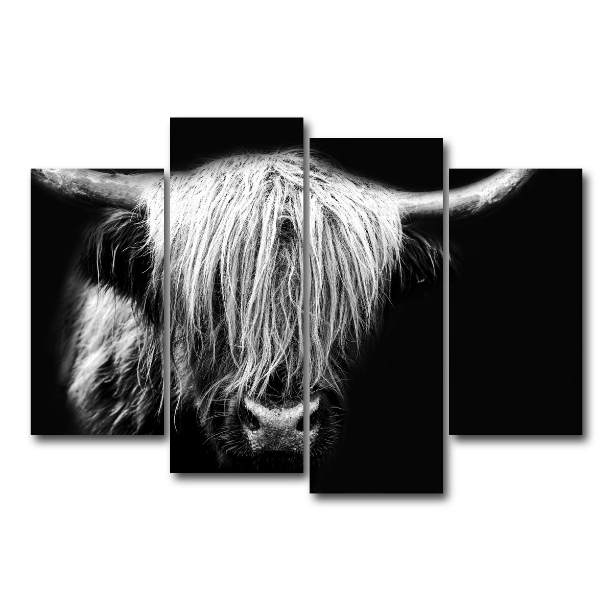 AUTO-MOCKUP WHITE | Grayscale Highland Cow | 4 Piece | Gallery Wrap Canvas | group=4_short