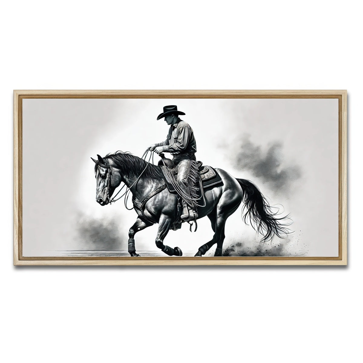 AUTO-MOCKUP WHITE | Grayscale Horse and Cowboy | 1 Piece | Natural Framed Canvas | group=2x1