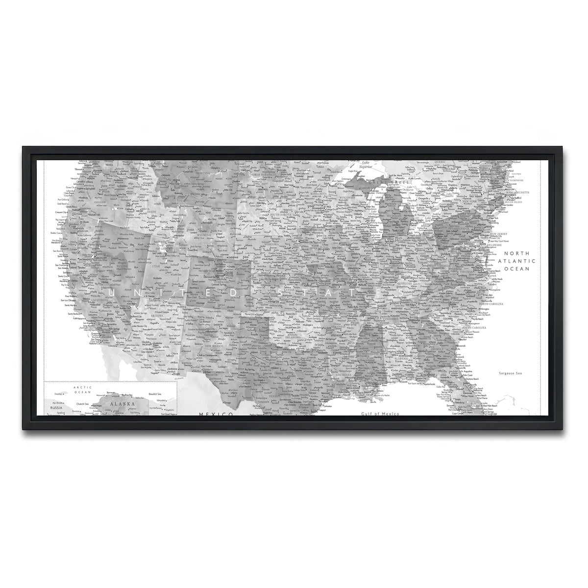 AUTO-MOCKUP WHITE | Grayscale US Map | 1 Piece | Black Framed Canvas | group=2x1