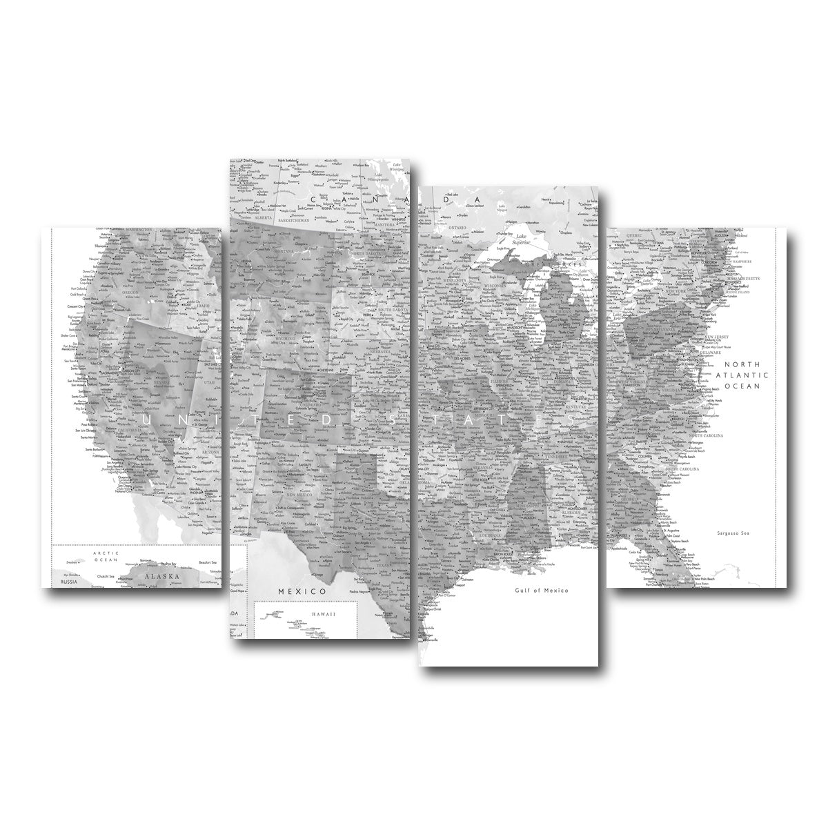 AUTO-MOCKUP WHITE | Grayscale US Map | 4 Piece | Gallery Wrap Canvas | group=4_short