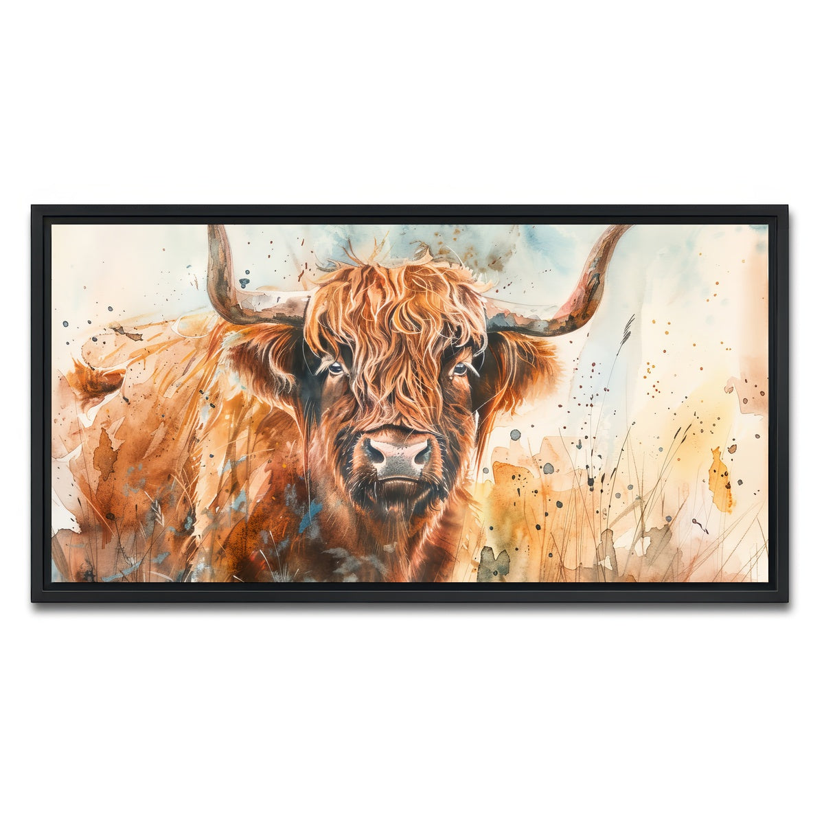 AUTO-MOCKUP WHITE | Grazing highland bull | 1 Piece | Black Framed Canvas | group=2x1