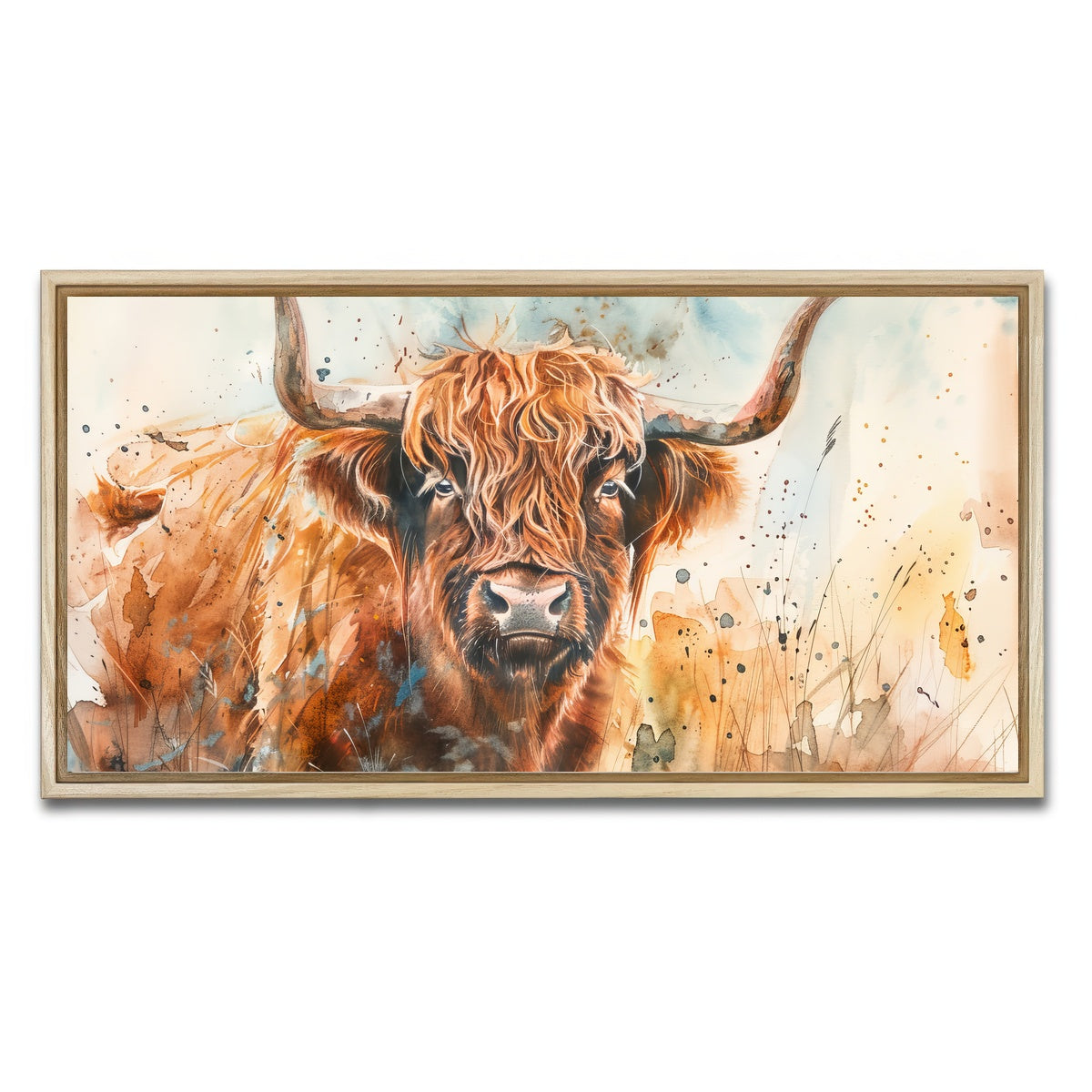 AUTO-MOCKUP WHITE | Grazing highland bull | 1 Piece | Natural Framed Canvas | group=2x1