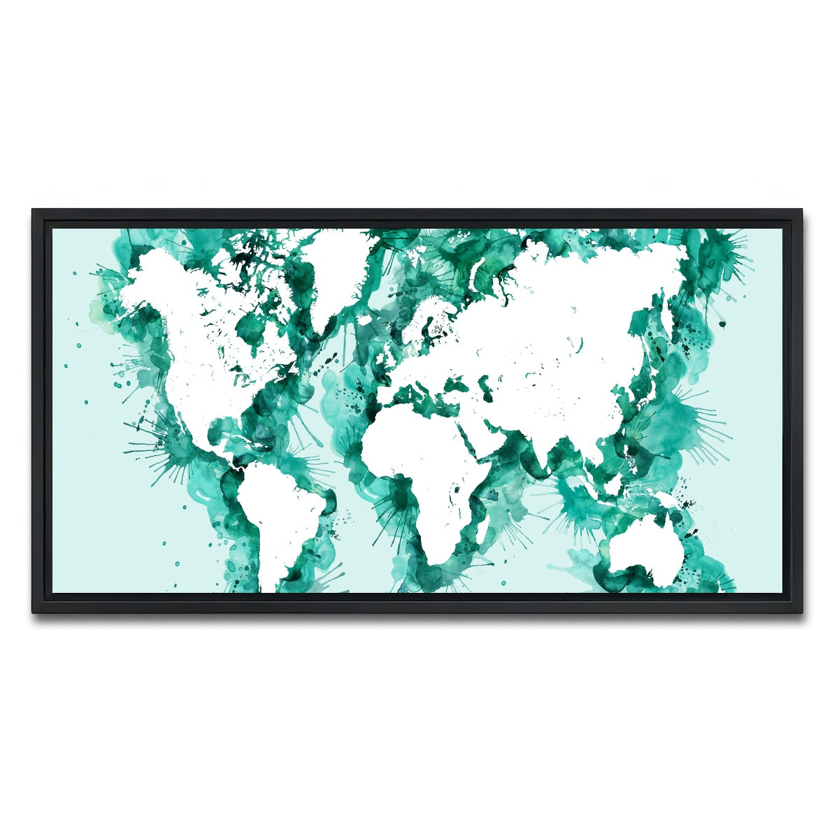 AUTO-MOCKUP WHITE | Green Splatter World Map | 1 Piece | Black Framed Canvas | group=2x1