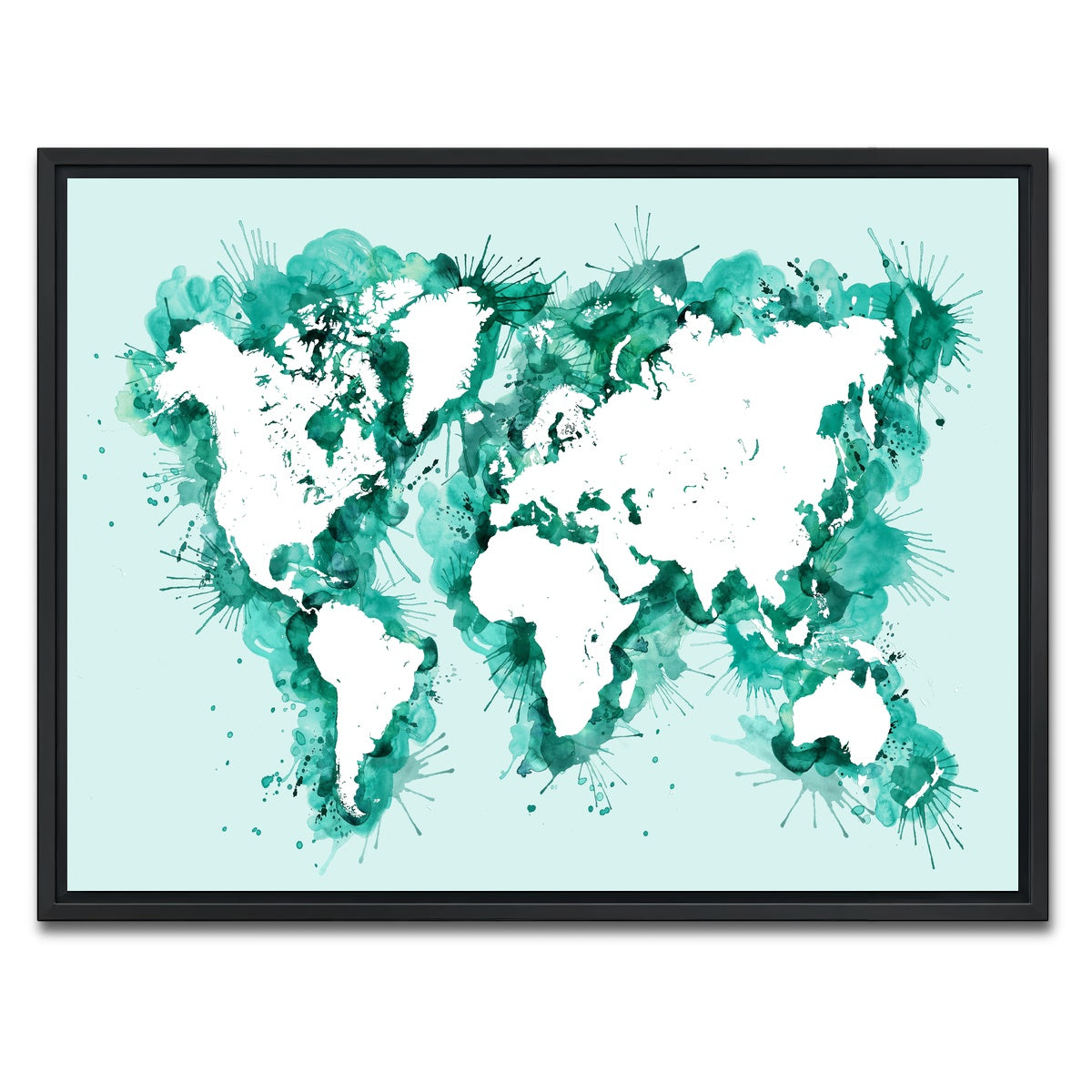 AUTO-MOCKUP WHITE | Green Splatter World Map | 1 Piece | Black Framed Canvas | group=4x3