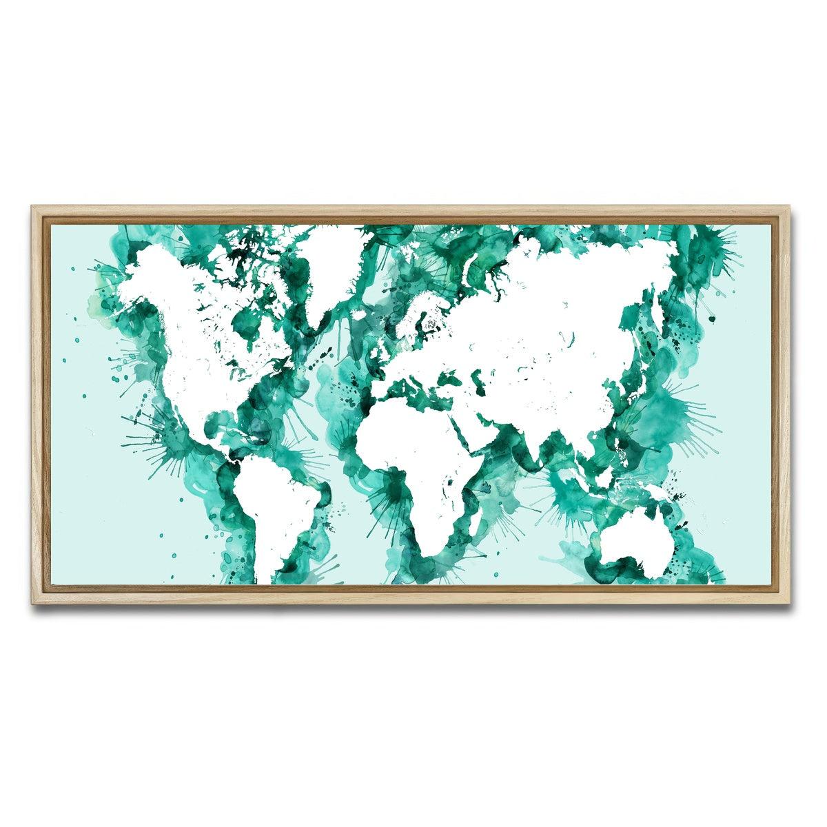 AUTO-MOCKUP WHITE | Green Splatter World Map | 1 Piece | Natural Framed Canvas | group=2x1