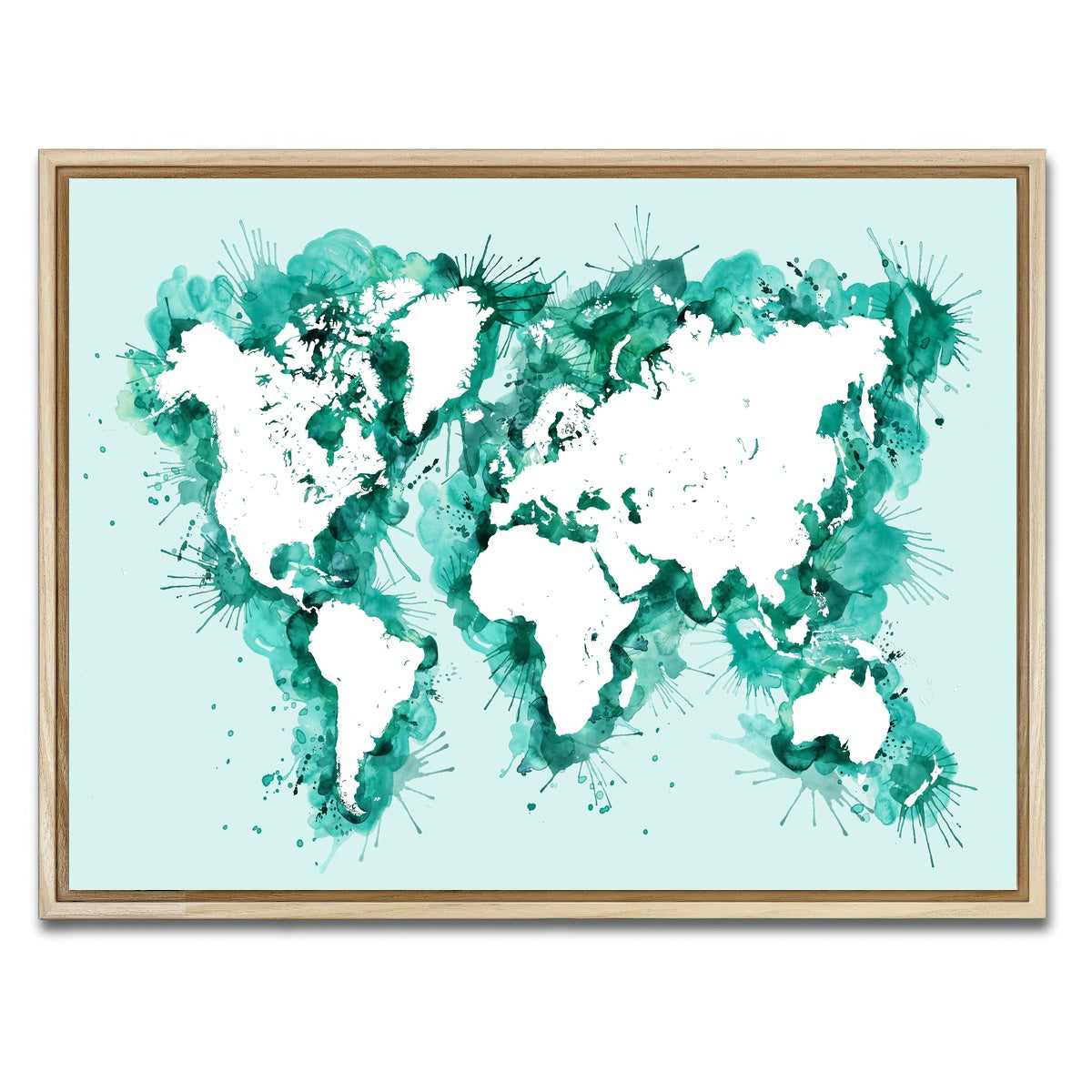 AUTO-MOCKUP WHITE | Green Splatter World Map | 1 Piece | Natural Framed Canvas | group=4x3