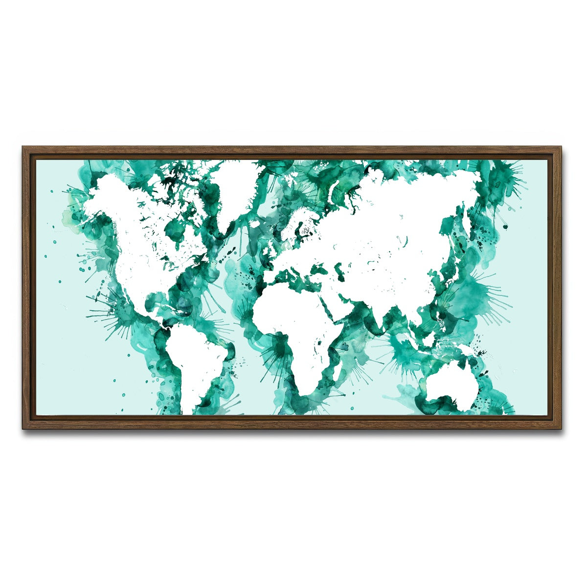 AUTO-MOCKUP WHITE | Green Splatter World Map | 1 Piece | Walnut Framed Canvas | group=2x1