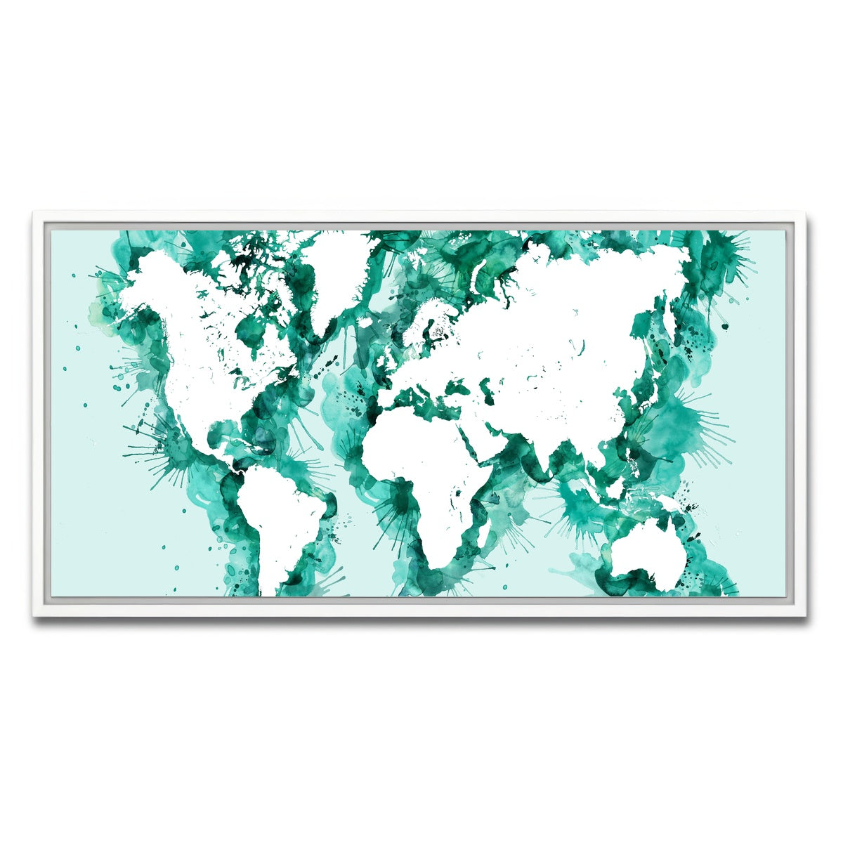 AUTO-MOCKUP WHITE | Green Splatter World Map | 1 Piece | White Framed Canvas | group=2x1