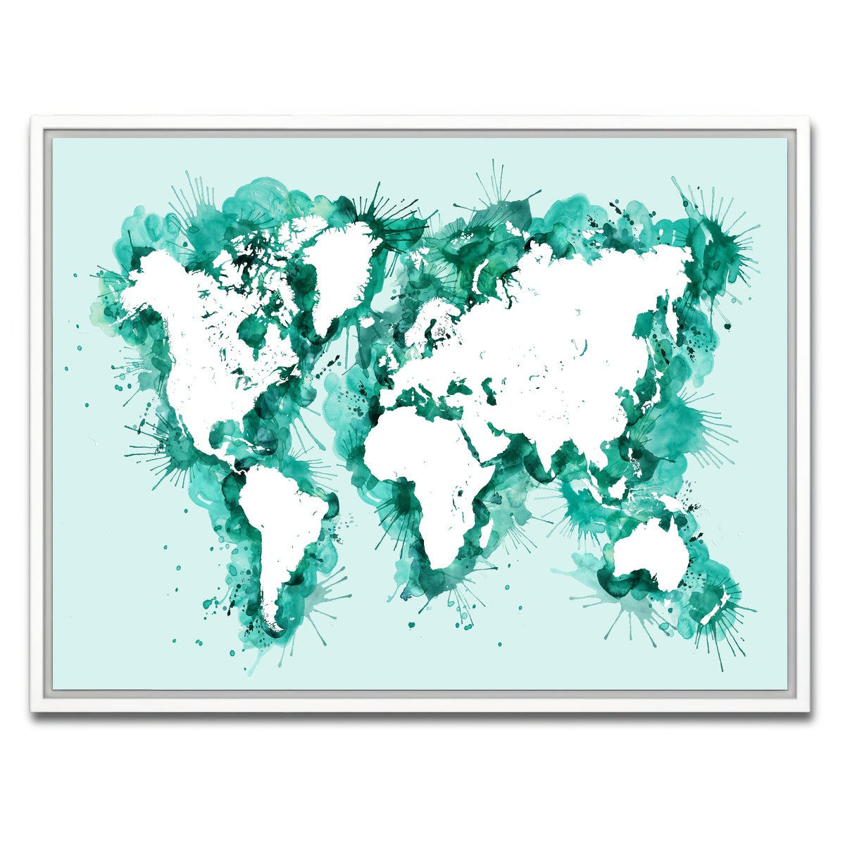 AUTO-MOCKUP WHITE | Green Splatter World Map | 1 Piece | White Framed Canvas | group=4x3