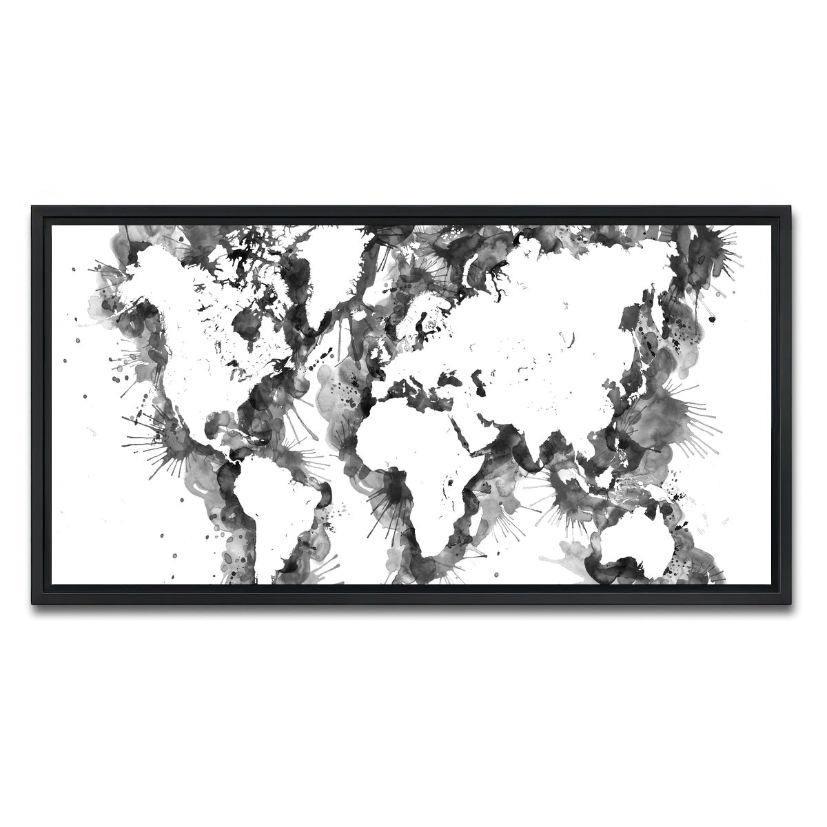 AUTO-MOCKUP WHITE | Grey Splatter World Map | 1 Piece | Black Framed Canvas | group=2x1