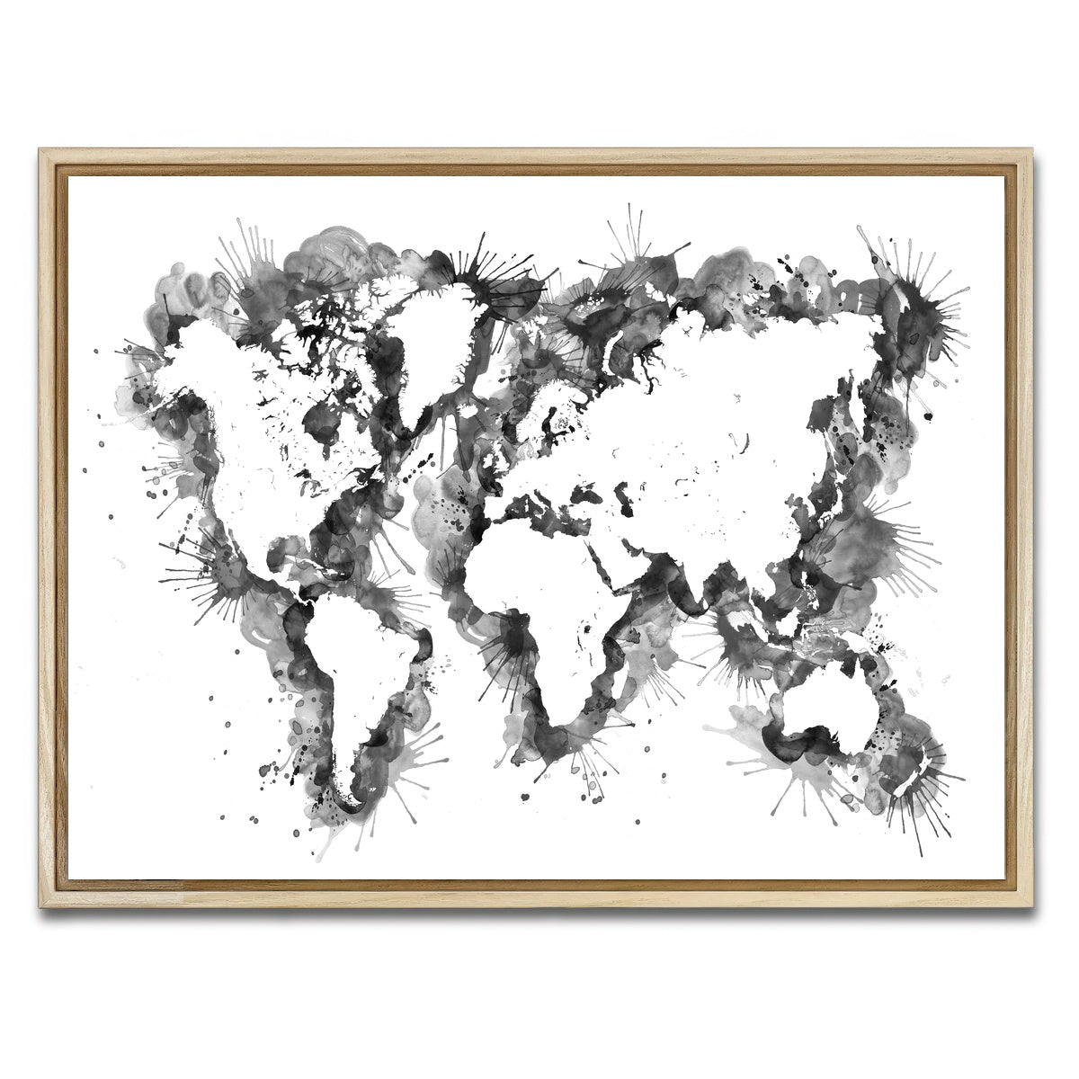 AUTO-MOCKUP WHITE | Grey Splatter World Map | 1 Piece | Natural Framed Canvas | group=4x3