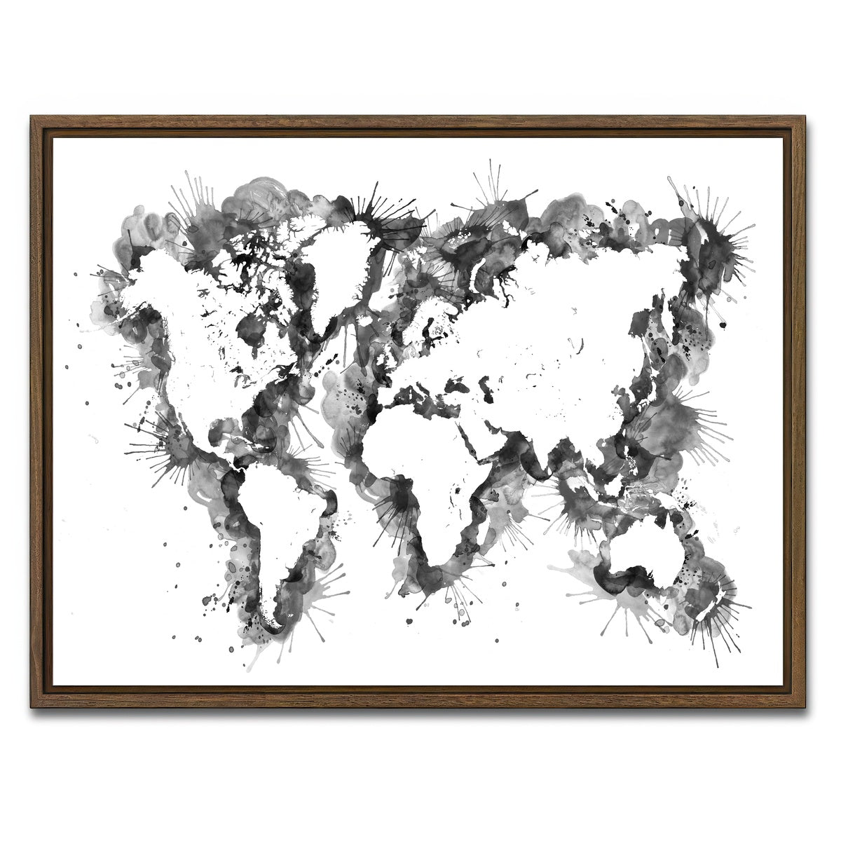 AUTO-MOCKUP WHITE | Grey Splatter World Map | 1 Piece | Walnut Framed Canvas | group=4x3