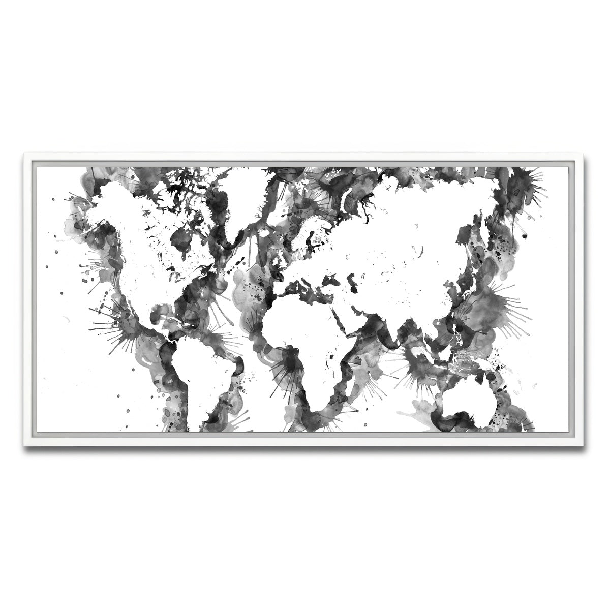AUTO-MOCKUP WHITE | Grey Splatter World Map | 1 Piece | White Framed Canvas | group=2x1