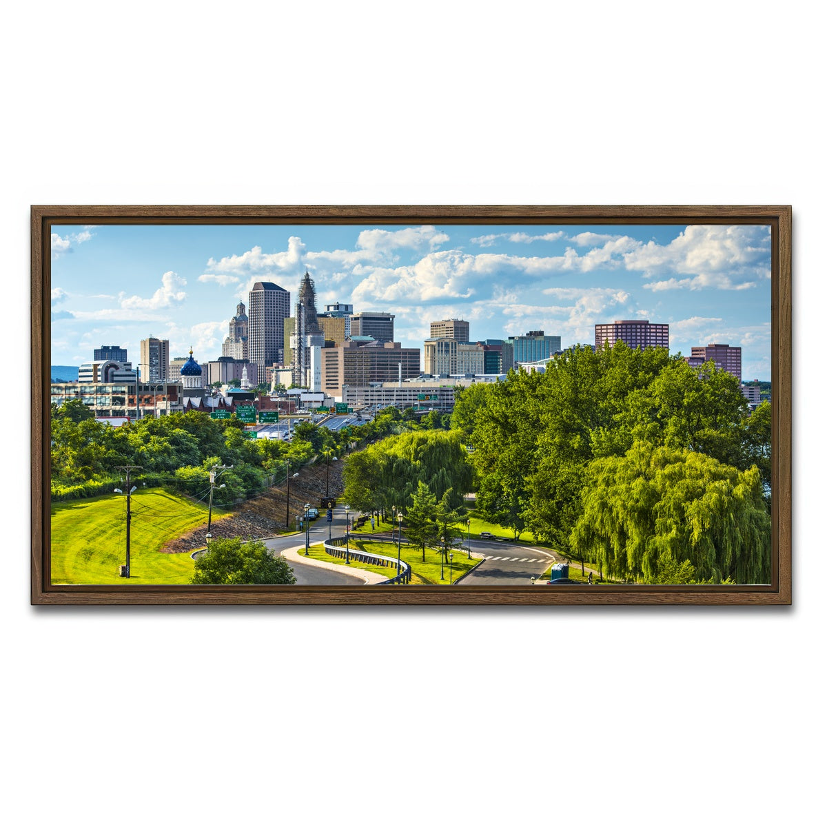 AUTO-MOCKUP WHITE | Hartford Downtown Cityscape | 1 Piece | Walnut Framed Canvas | group=2x1