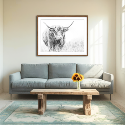 AUTO-MOCKUP ROOM | Highland Cow on White Wall Art