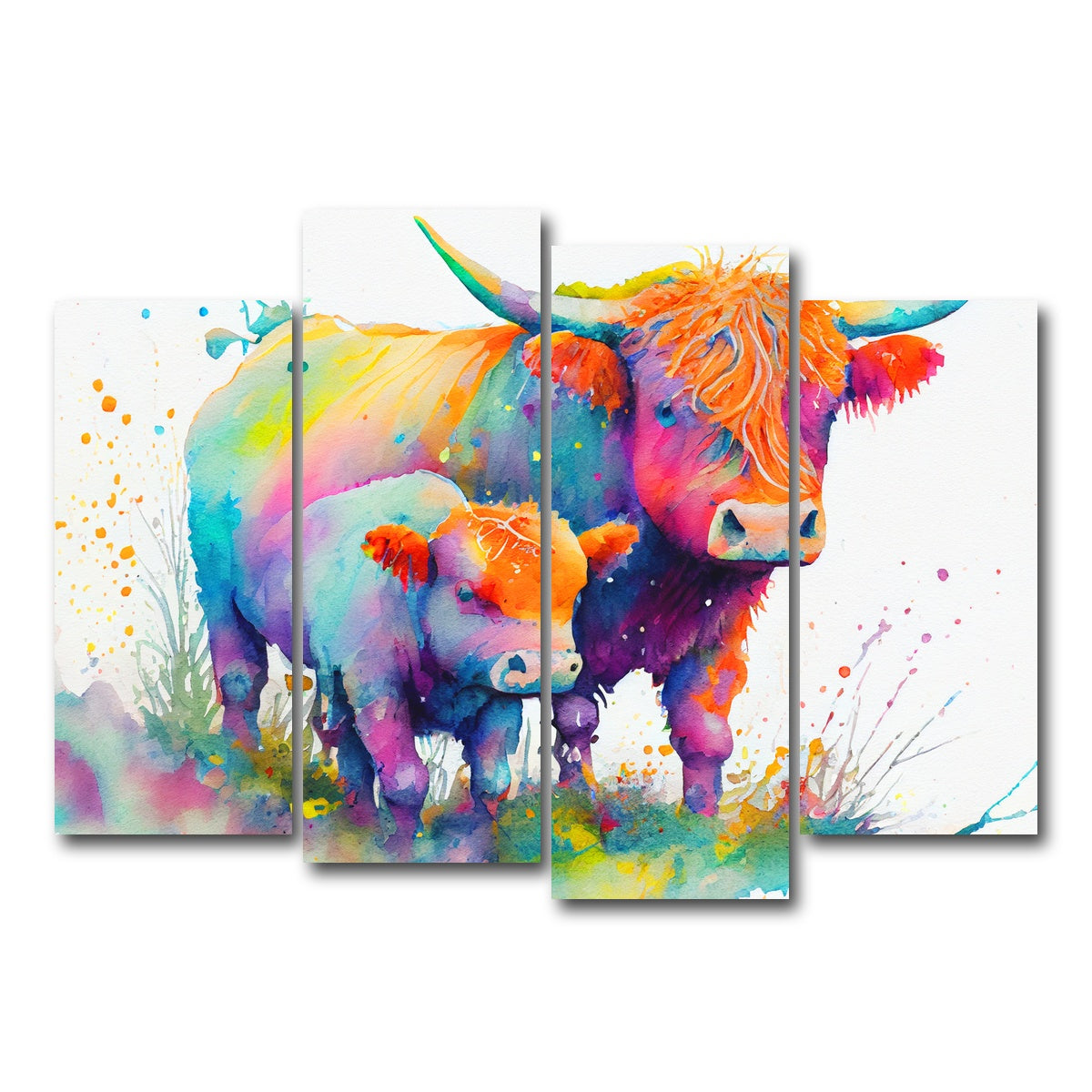 AUTO-MOCKUP WHITE | Highland cow and calf watercolor | 4 Piece | Gallery Wrap Canvas | group=4_normal