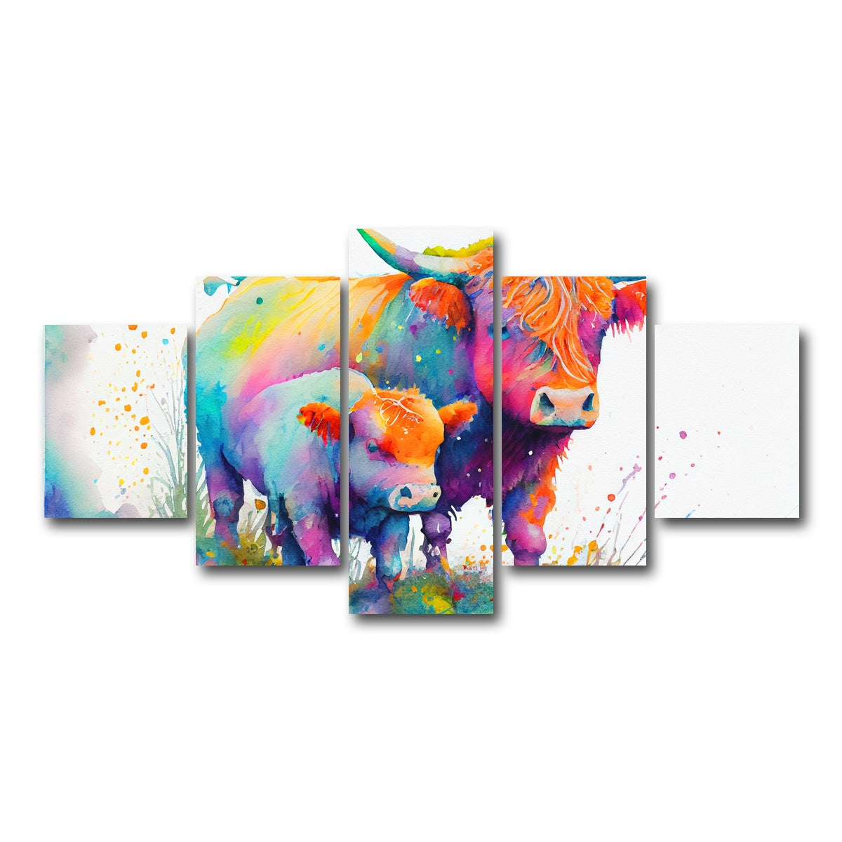 AUTO-MOCKUP WHITE | Highland cow and calf watercolor | 5 Piece | Gallery Wrap Canvas | group=5_short