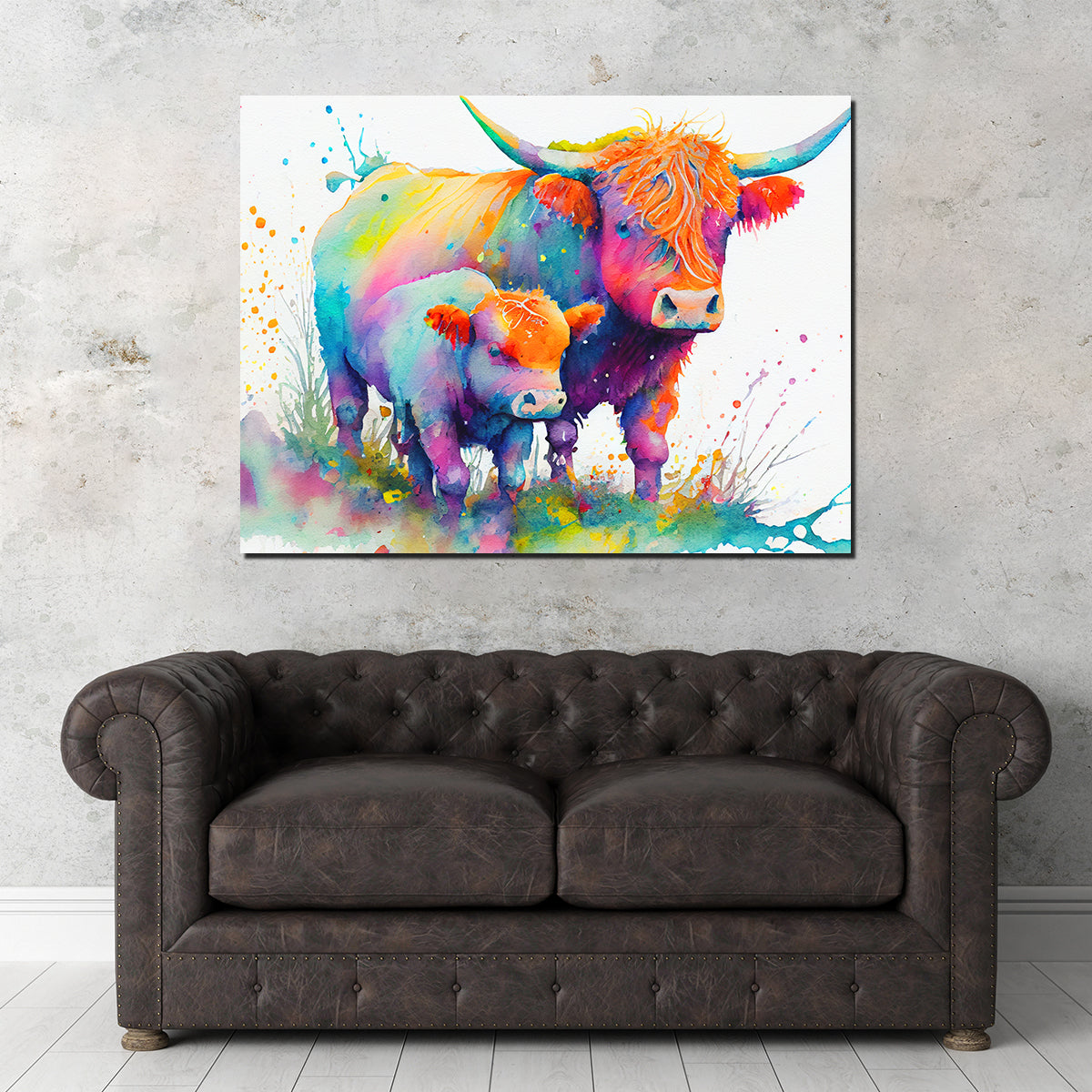 Highland Cow and Calf Watercolor Wall Art