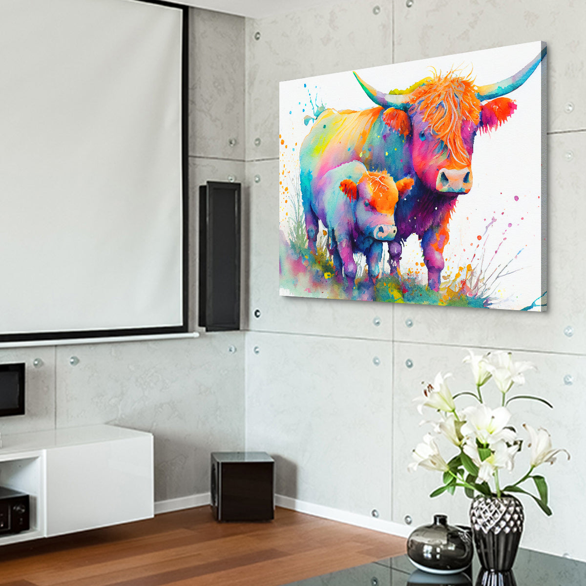 Highland Cow and Calf Watercolor Wall Art