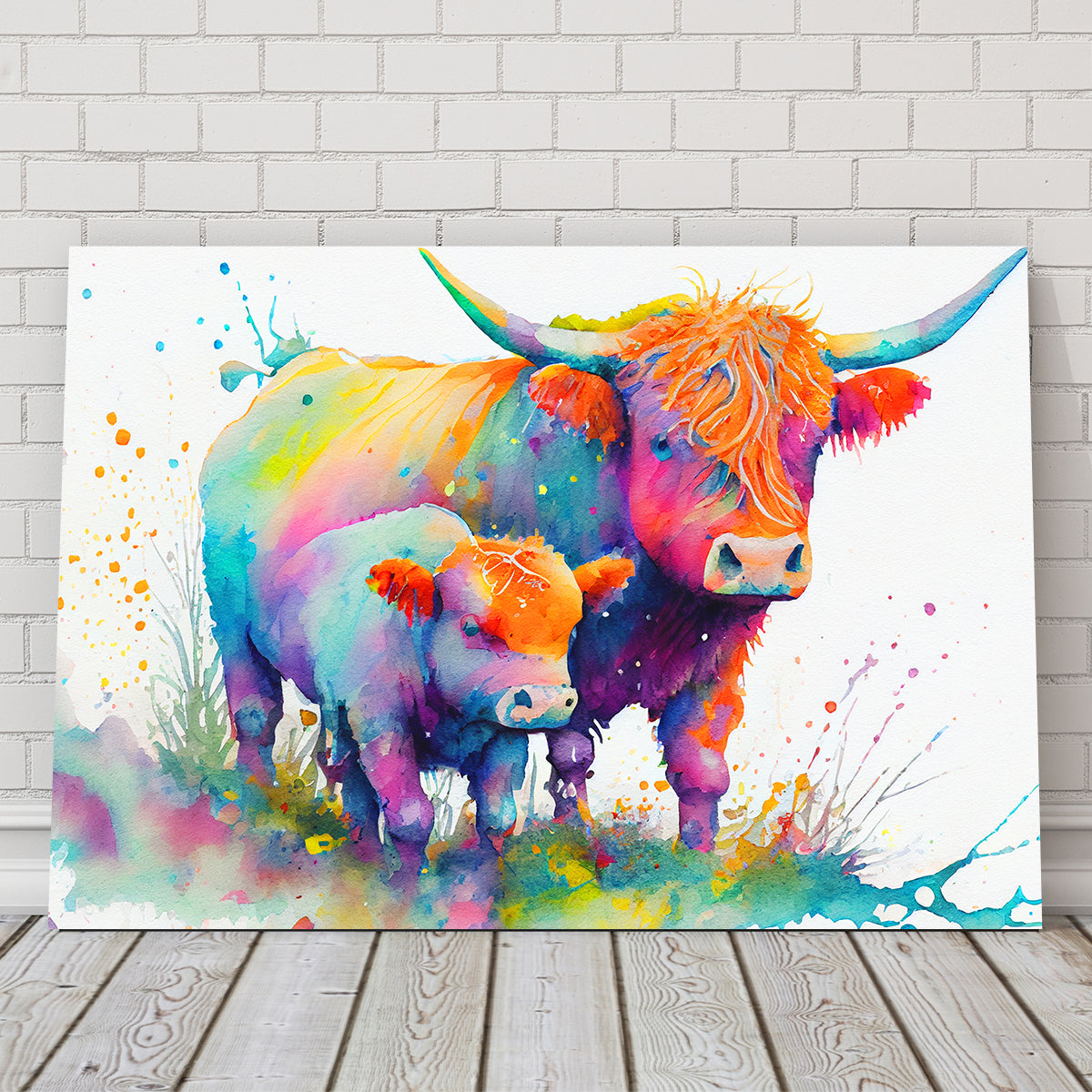 Highland Cow and Calf Watercolor Wall Art