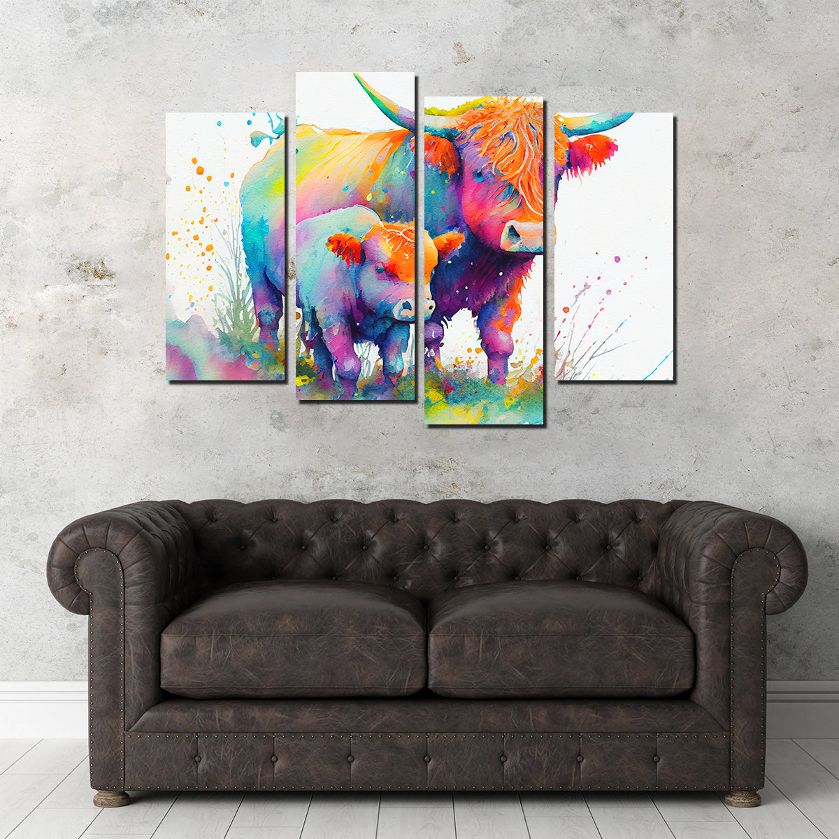 Highland Cow and Calf Watercolor Wall Art