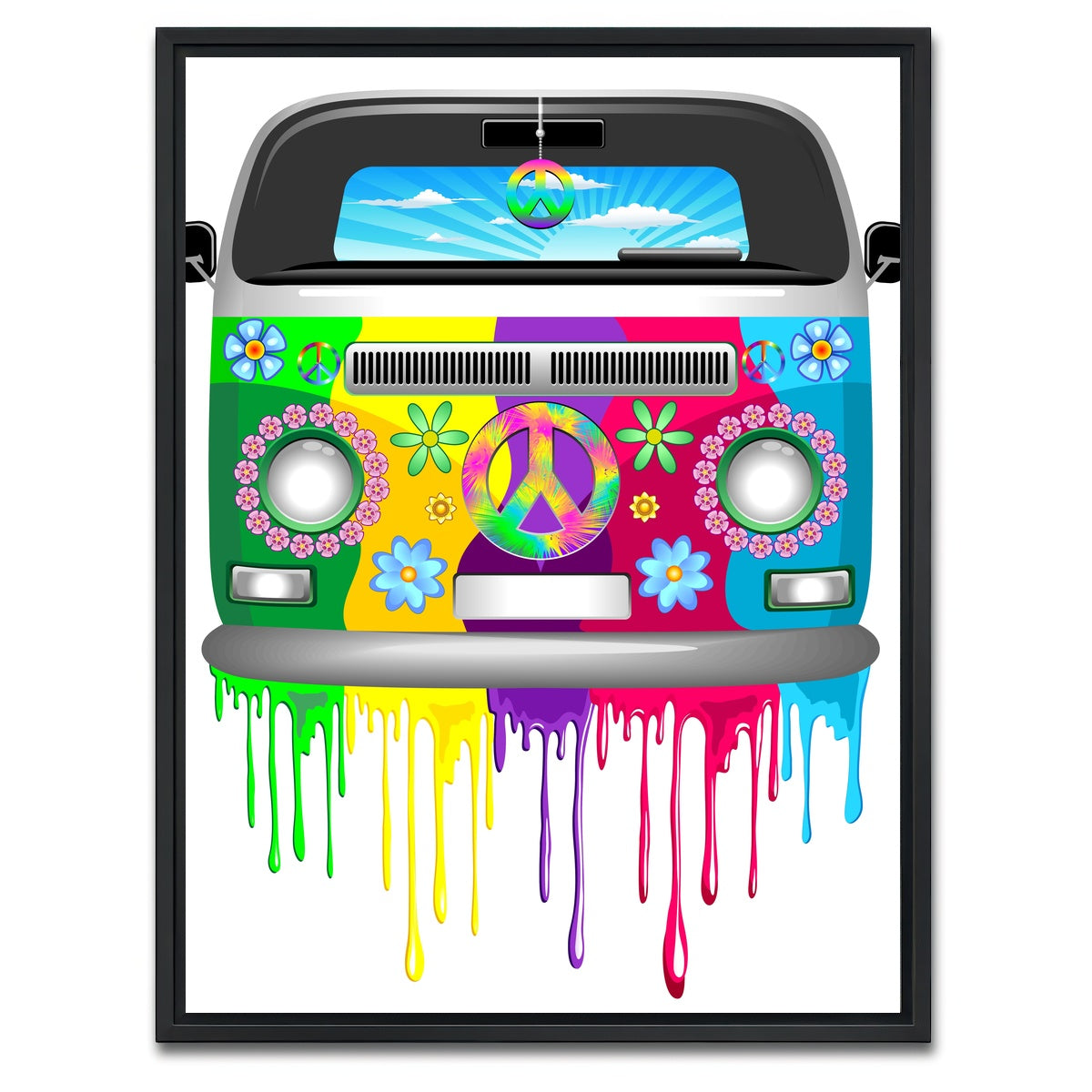 AUTO-MOCKUP WHITE | Hippie Bus with Dripping Rainbow Paint | 1 Piece | Black Framed Canvas | group=3x4