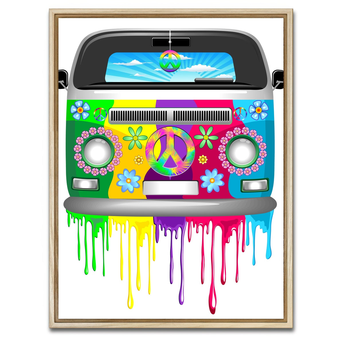AUTO-MOCKUP WHITE | Hippie Bus with Dripping Rainbow Paint | 1 Piece | Natural Framed Canvas | group=3x4